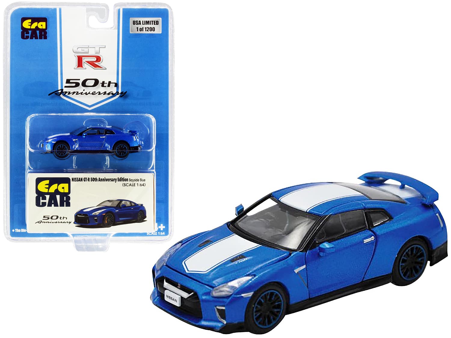 "Nissan GT-R (RHD) Bayside Blue with White Stripe ""50th Anniversary Edition"" Ltd Ed 1200 pcs 1/64 Model Car by Era Car" price history on PriceWatchPro