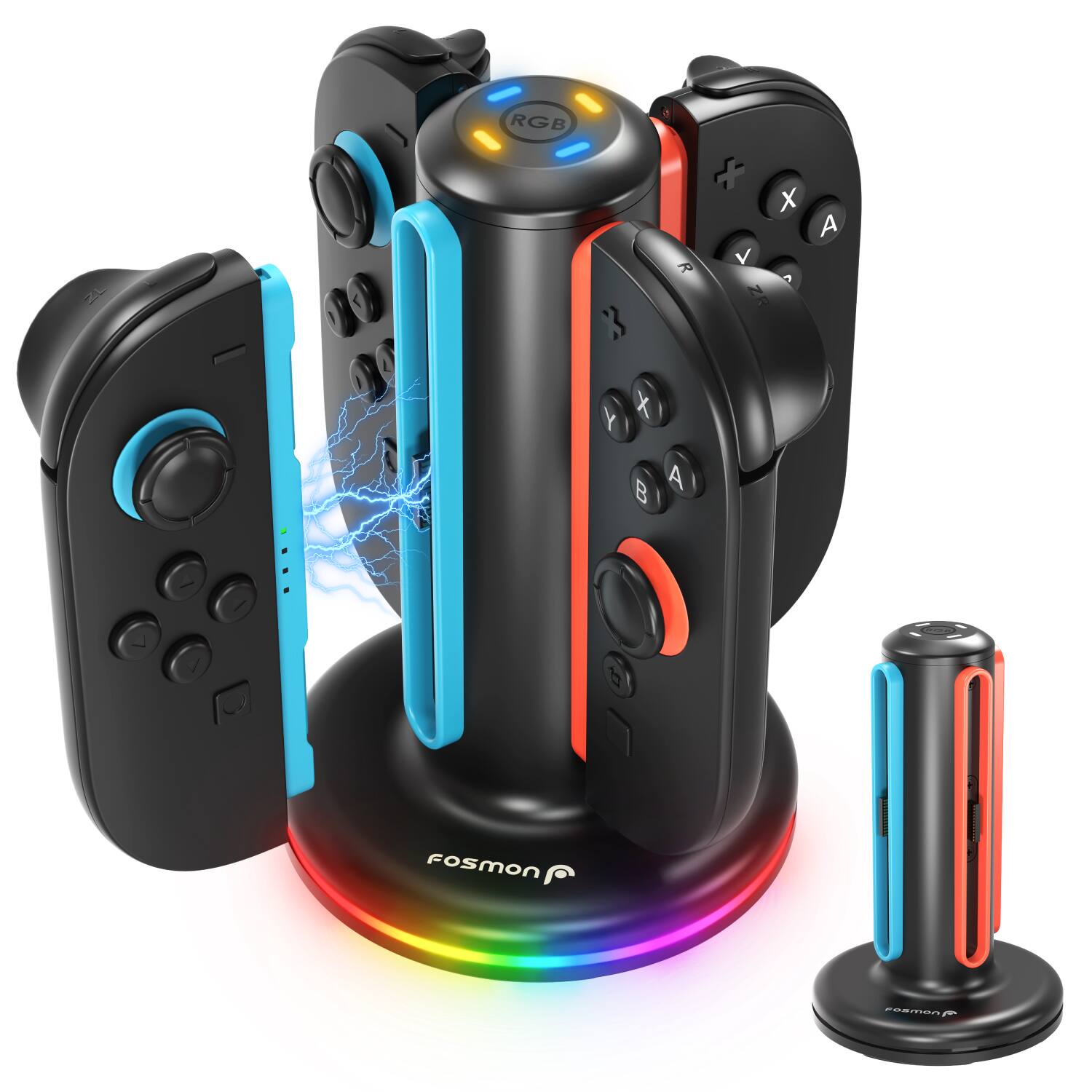 Fosmon - Charging Station for Nintendo Switch 2 Controller Joy Con, 4in1 Switch 2 Joycon Charger Dock, LED Indicator RGB Light - Black