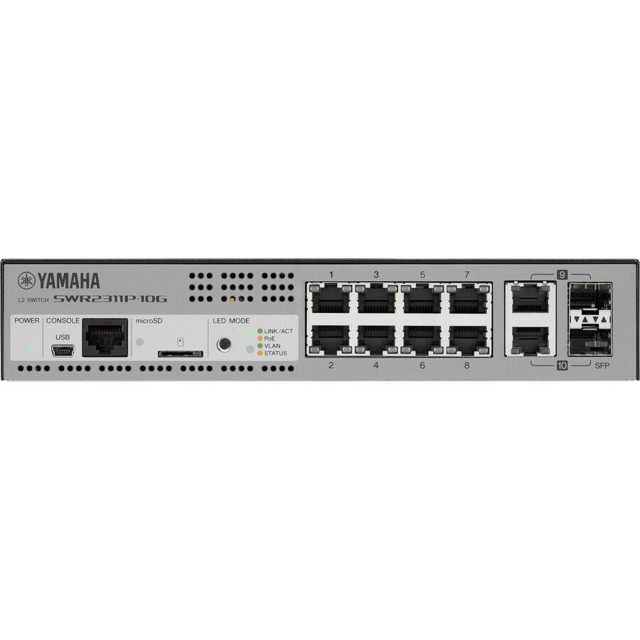 YAMAHA  
L2 SWITCH  
SWR2311P-10G  

POWER  
CONSOLE  
USB  
microSD  

LED MODE  
LINK/ACT  
POE  
VLAN  
STATUS  

1 3 5 7  
2 4 6 8  
9  
10 SFP