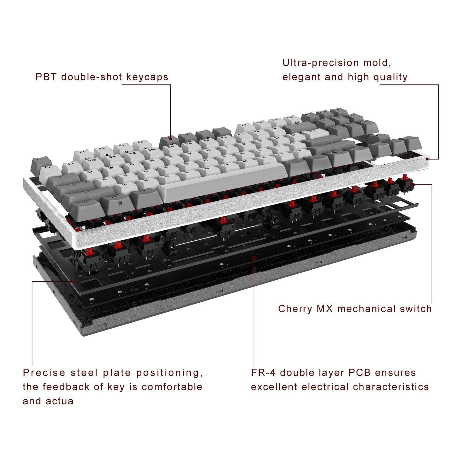 PBT double-shot keycaps  
Ultra-precision mold, elegant and high quality  
Cherry MX mechanical switch  
FR-4 double layer PCB ensures excellent electrical characteristics  
Precise steel plate positioning, the feedback of key is comfortable and actuation