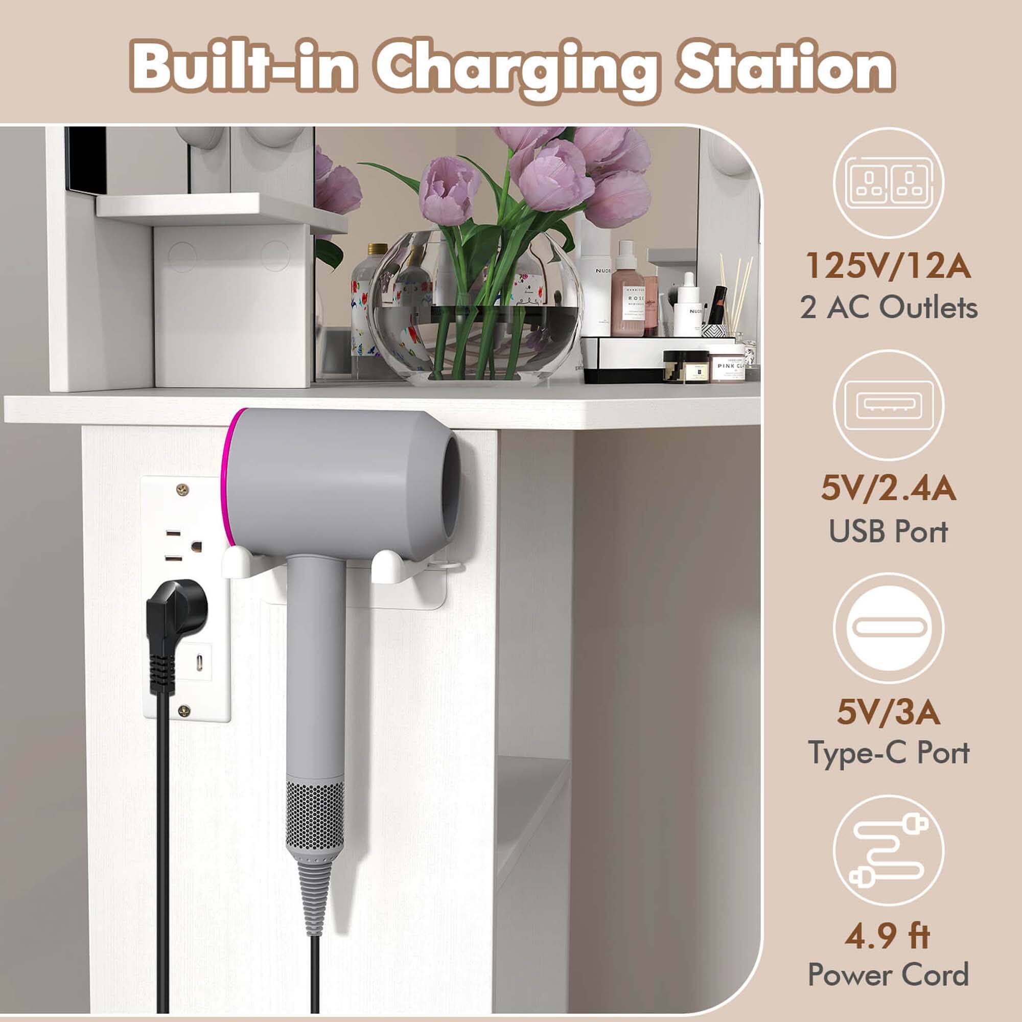 Built-in Charging Station - 125V/12A 2 AC Outlets 5V/2.4A USB Port 5V/3A Type-C Port 4.9 ft Power Cord