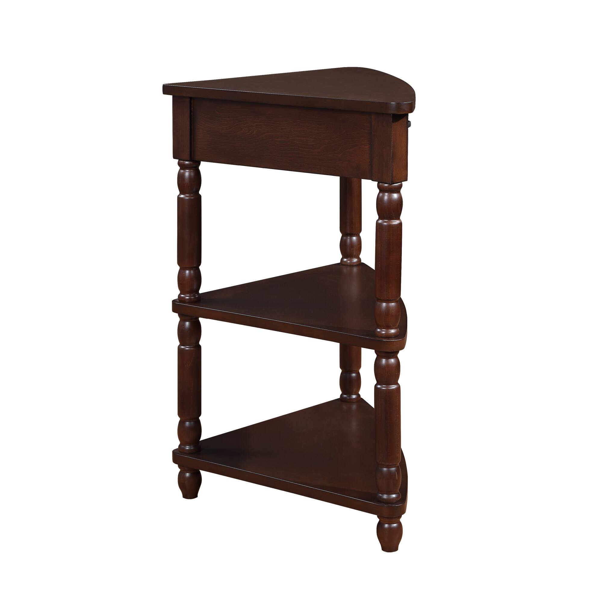 Back. GOODSILO - Compact Triangular Corner Table with Three Tiers for Space-Saving Storage and Display - Light Espresso.