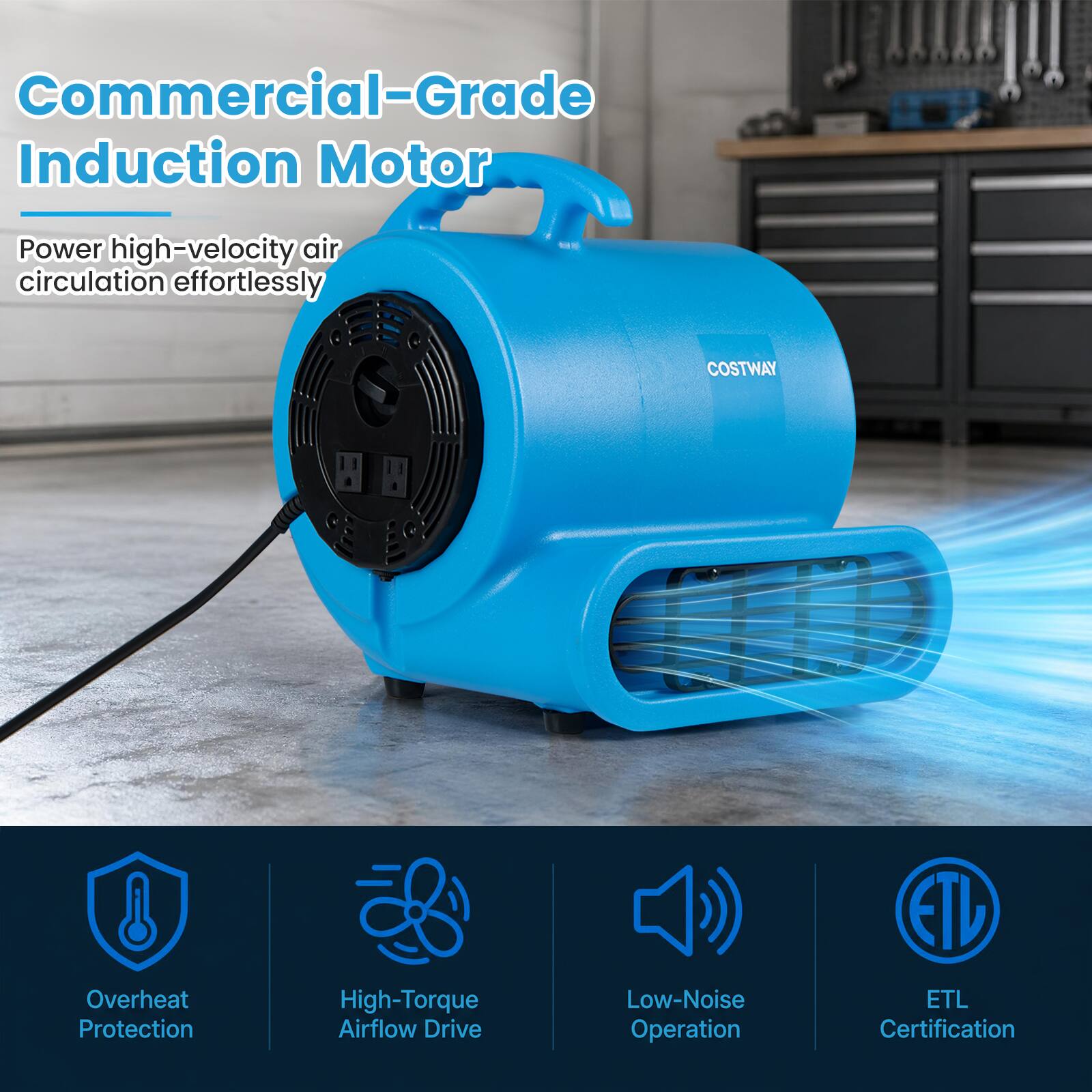 Commercial-Grade Induction Motor  
Power high-velocity air circulation effortlessly  
COSTWAY  
Overheat Protection  
High-Torque Airflow Drive  
Low-Noise Operation  
ETL Certification