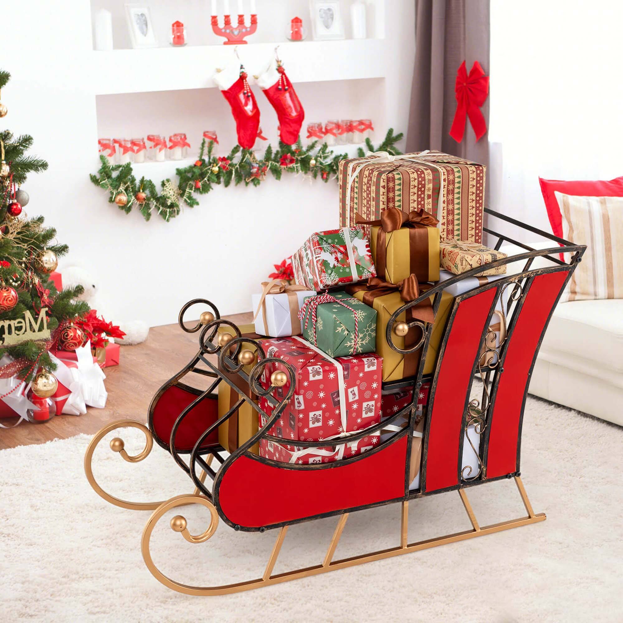 Alt View 5. Costway - Costway 23" Christmas Santa Sleigh with 2-Tier Storage Shelf Christmas Sleigh Decoration - Red.