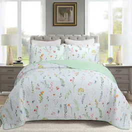 MarCielo - 3 Piece Printed Floral Quilt Set Lightweight Bedspread Set - White floral