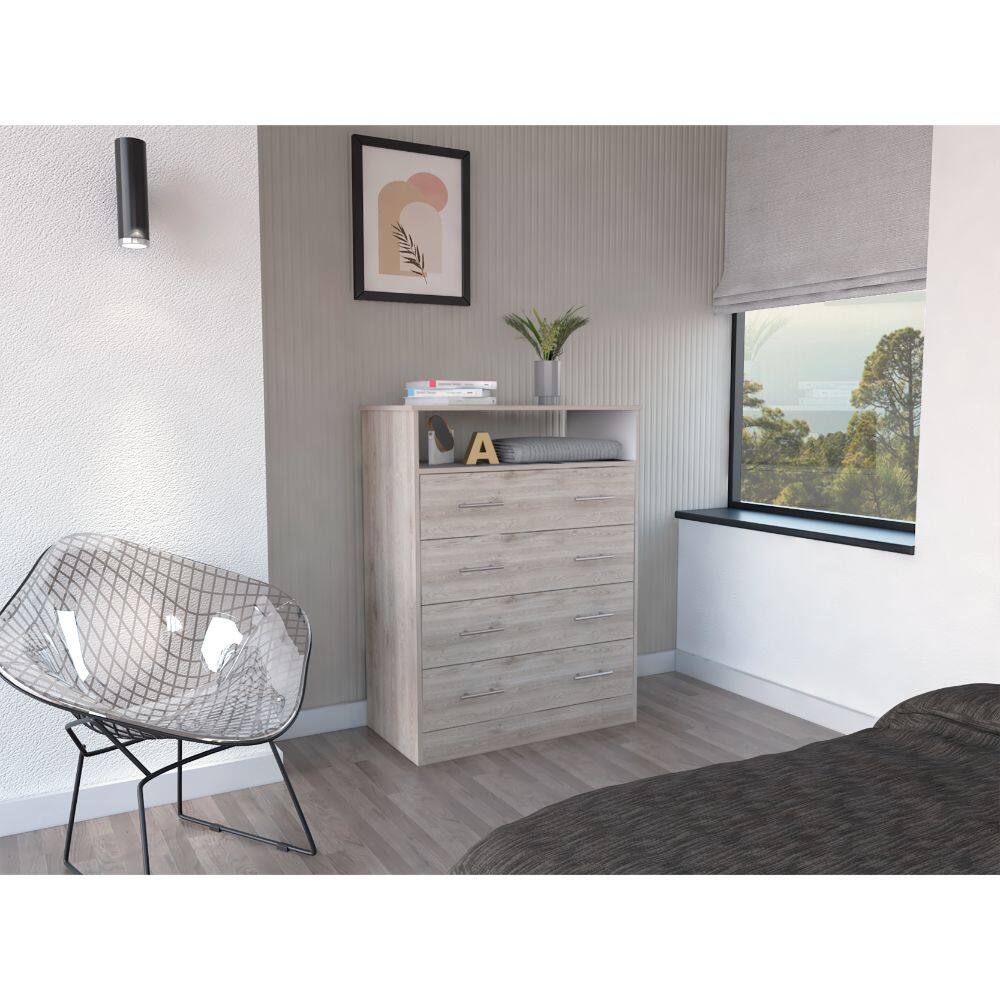 Angle. TuHome - Peru L Four Drawer Dresser, Superior Top, One Open Shelf - Light Gray / White.