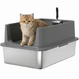 Pawhut - Large Stainless Steel Cat Litter Box with Scoop & Pad, Anti-Urine Leakage - Dark Gray