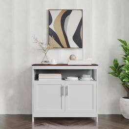 Emma + Oliver - Shereen 40 Inch Buffet and Sideboard with Open Storage Shelf and Double Door Storage Cabinet - Walnut Top/White Frame