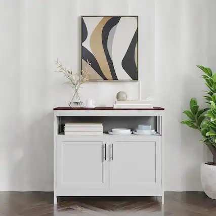 Front. Emma + Oliver - Shereen 40 Inch Buffet and Sideboard with Open Storage Shelf and Double Door Storage Cabinet - Walnut Top/White Frame.