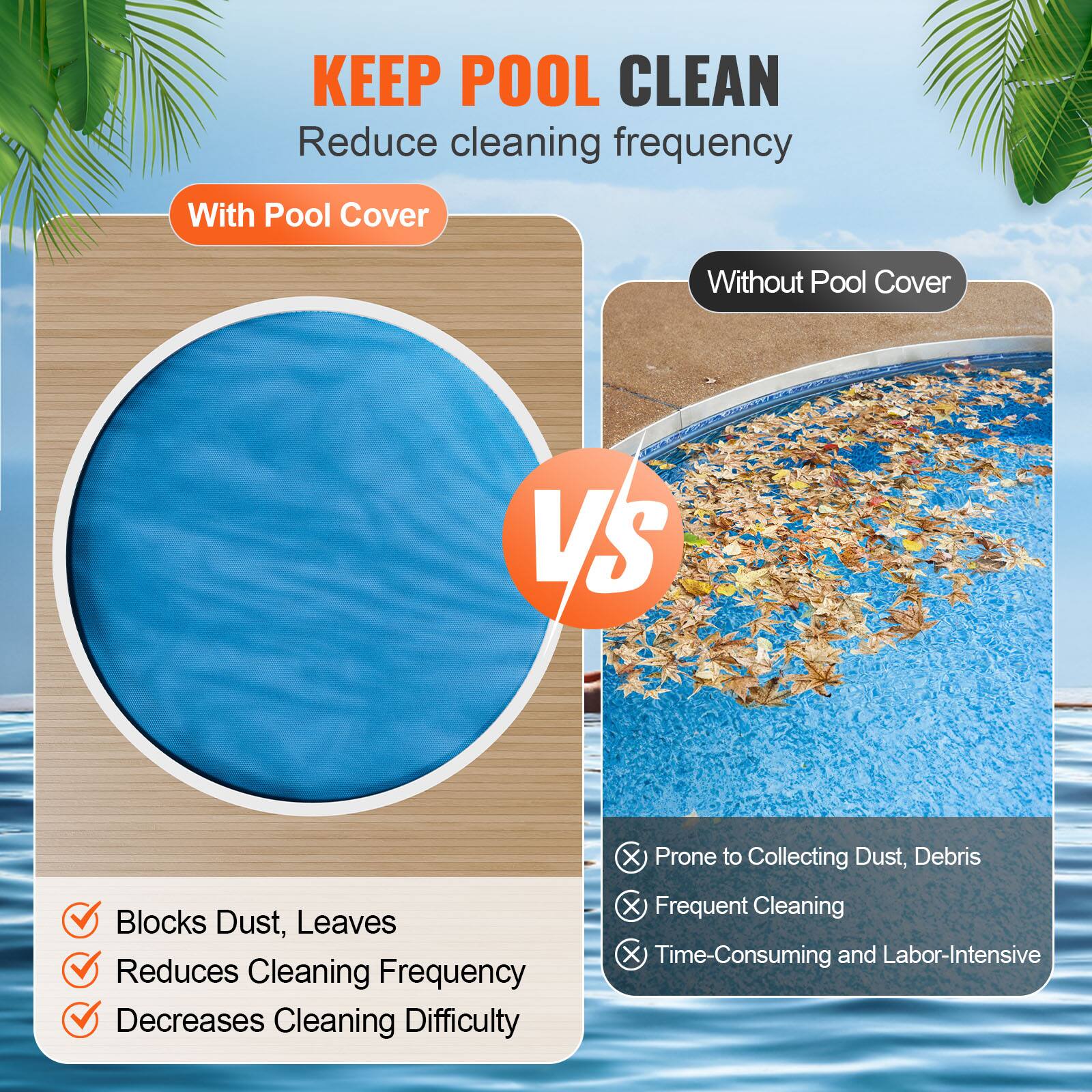 **KEEP POOL CLEAN**  
Reduce cleaning frequency

**With Pool Cover**  
- Blocks Dust, Leaves  
- Reduces Cleaning Frequency  
- Decreases Cleaning Difficulty  

**Without Pool Cover**  
- Prone to Collecting Dust, Debris  
- Frequent Cleaning  
- Time-Consuming and Labor-Intensive