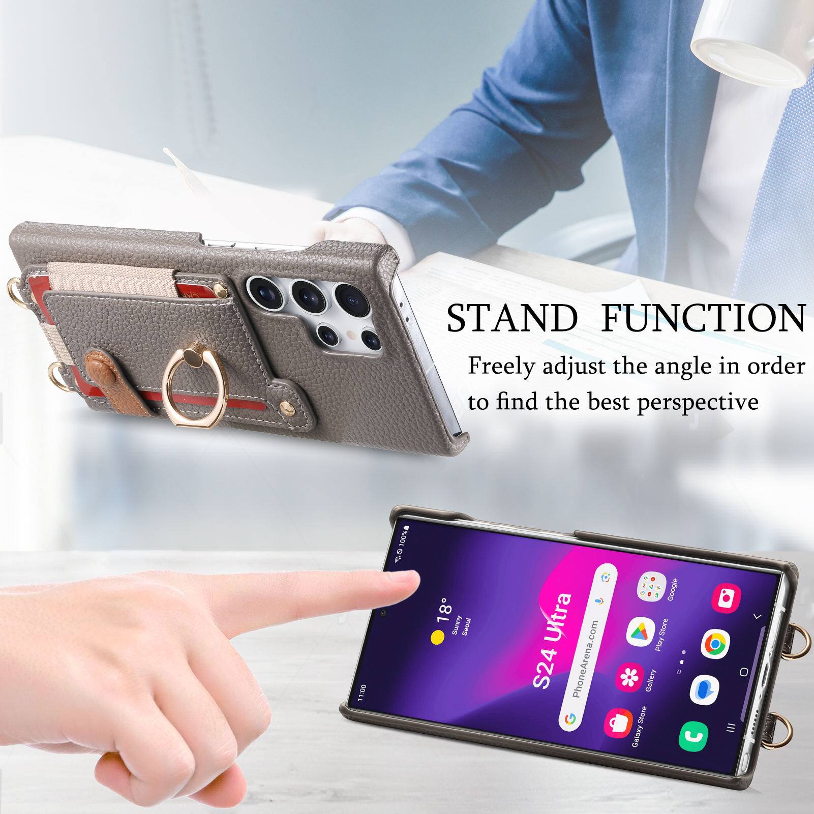 STAND FUNCTION  
Freely adjust the angle in order to find the best perspective

11:00 100%  
18 Sunny  
S24 Ultra  
PhoneArena.com  
Google  
Play Store  
Gallery  
BUOUS  
Galaxy