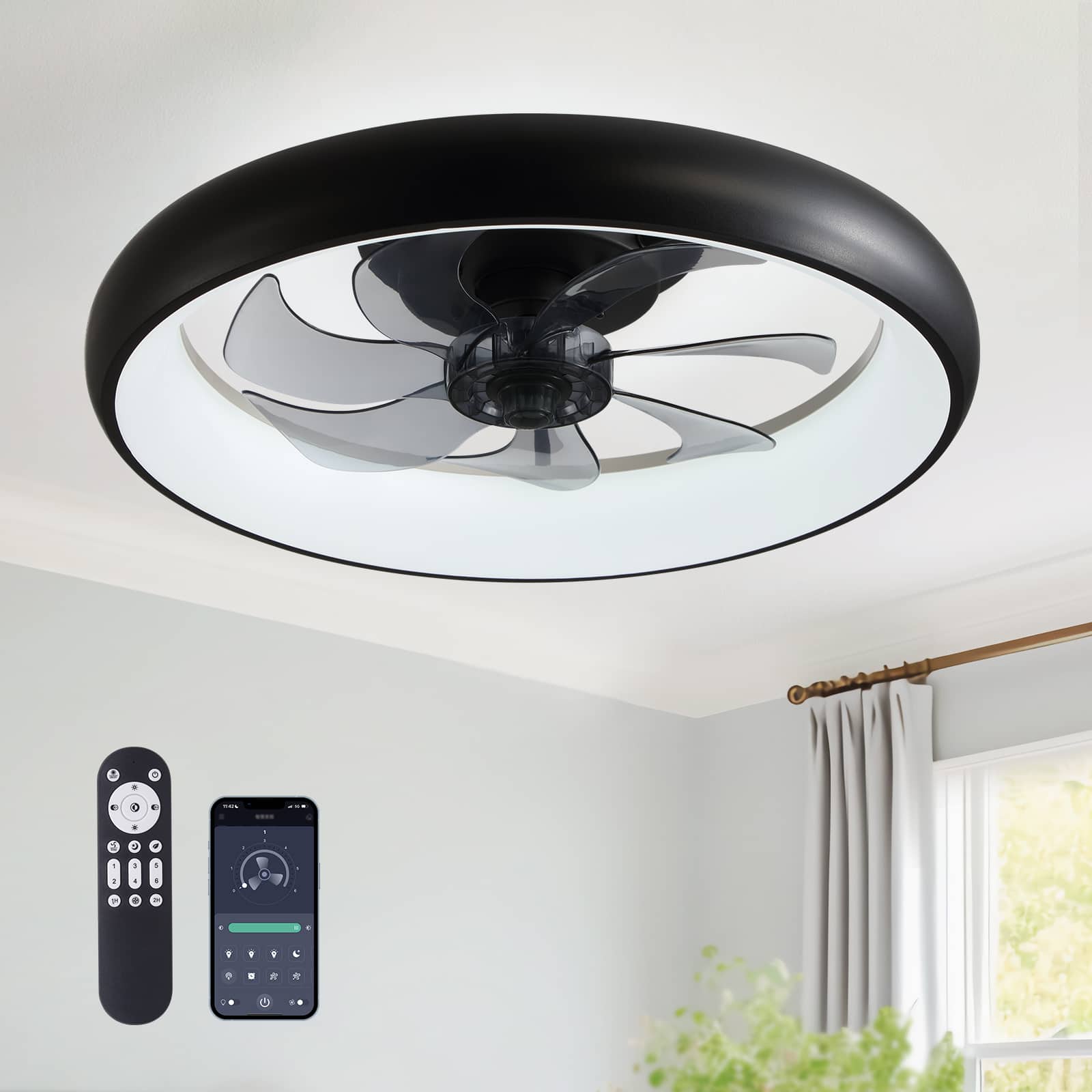Siljoy - 20 Inch Flush Mount Ceiling Fan with LED Lights, Remote & APP Control for Bedroom Living Room Kitchen - Black