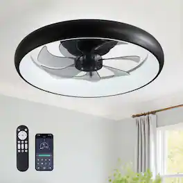 Siljoy - 20 Inch Flush Mount Ceiling Fan with LED Lights, Remote & APP Control for Bedroom Living Room Kitchen - Black