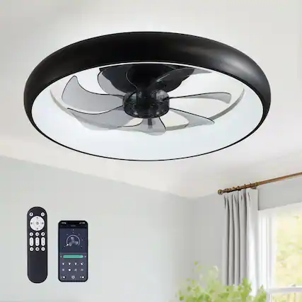 Front. Siljoy - 20-inch Black Flush Mount Ceiling Fan with LED Lights Remote APP Control for Bedroom Kitchen - Black.