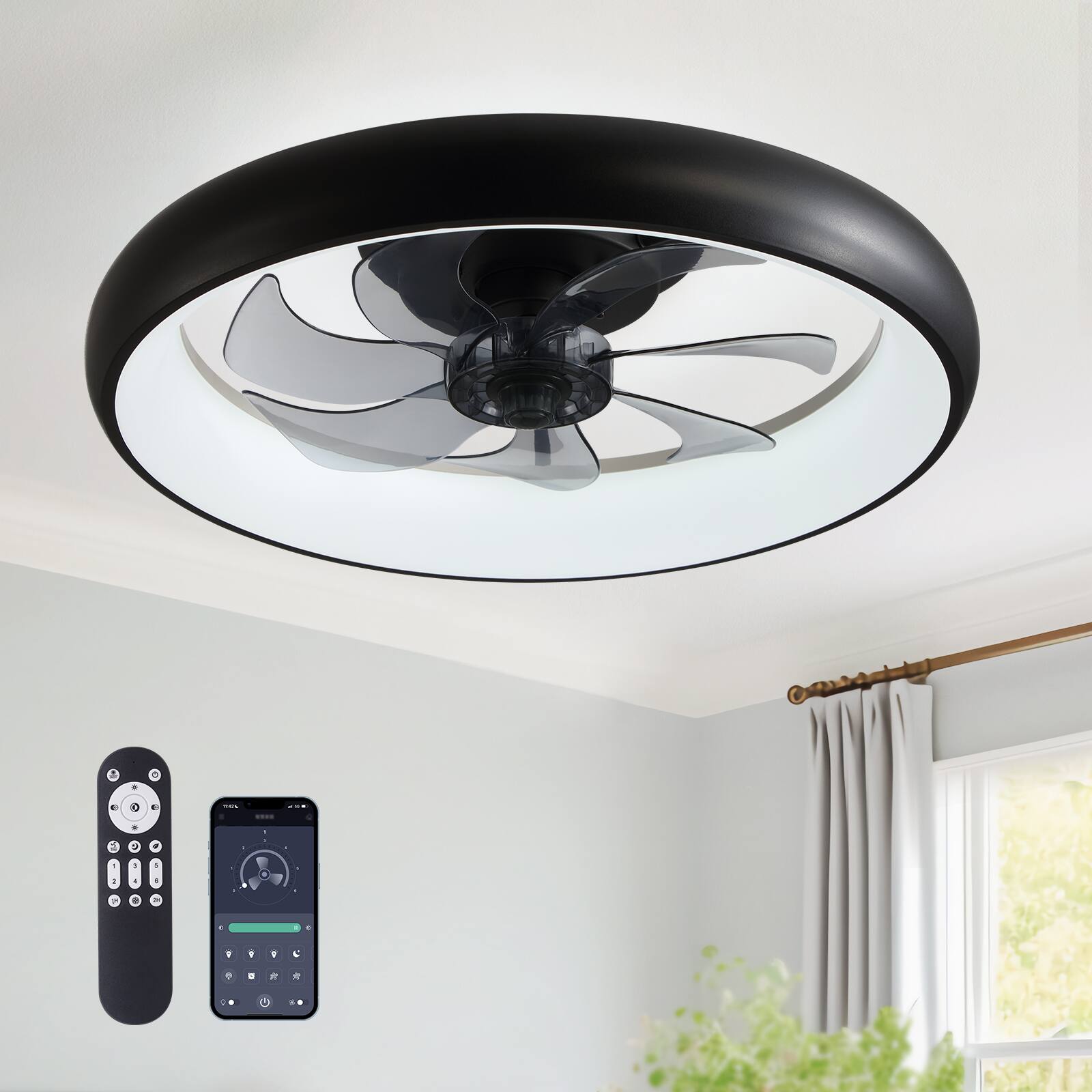 Front. Siljoy - 20-inch Black Flush Mount Ceiling Fan with LED Lights Remote APP Control for Bedroom Kitchen - Black.