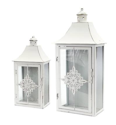 Front. Melrose - Set of 2 Vintage White Distressed Pillar Candle Lanterns 19.5" - White.