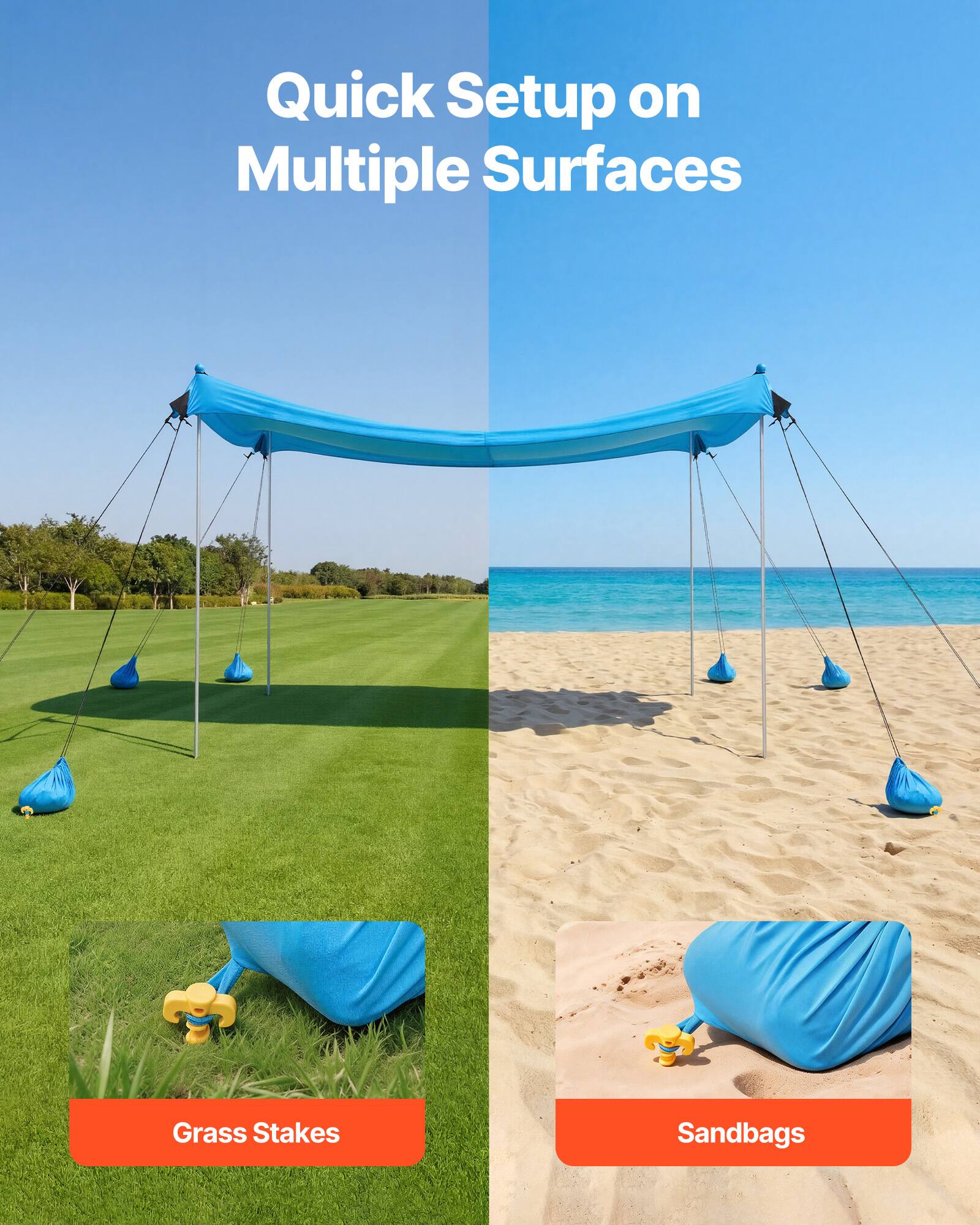 Quick Setup on Multiple Surfaces

Grass Stakes
Sandbags