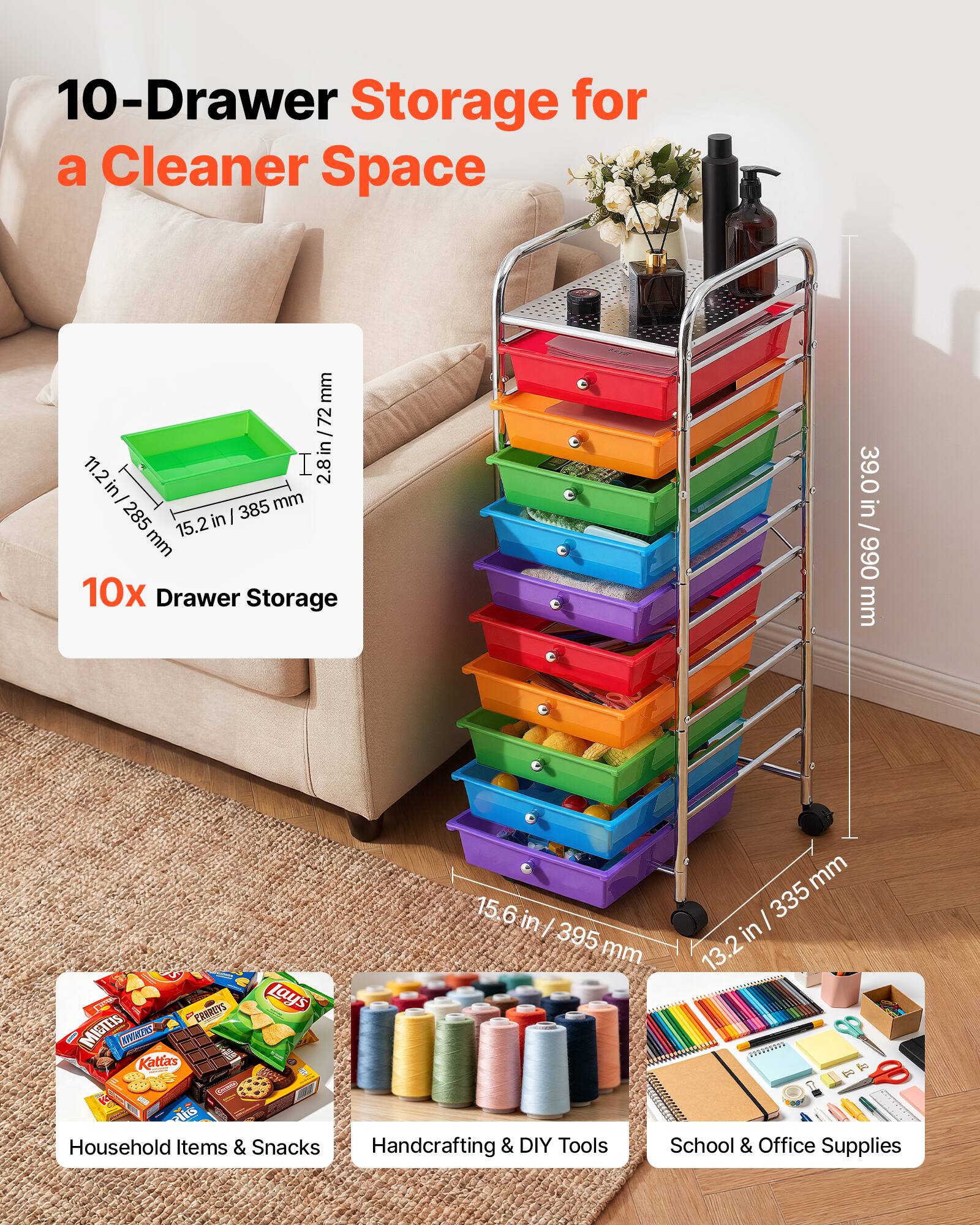 10-Drawer Storage for a Cleaner Space

10x Drawer Storage

11.2 in / 285 mm
2.8 in / 72 mm
15.2 in / 385 mm
15.6 in / 395 mm
13.2 in / 335 mm
39.0 in / 990 mm

Household Items & Snacks
Handcrafting & DIY Tools
School & Office Supplies