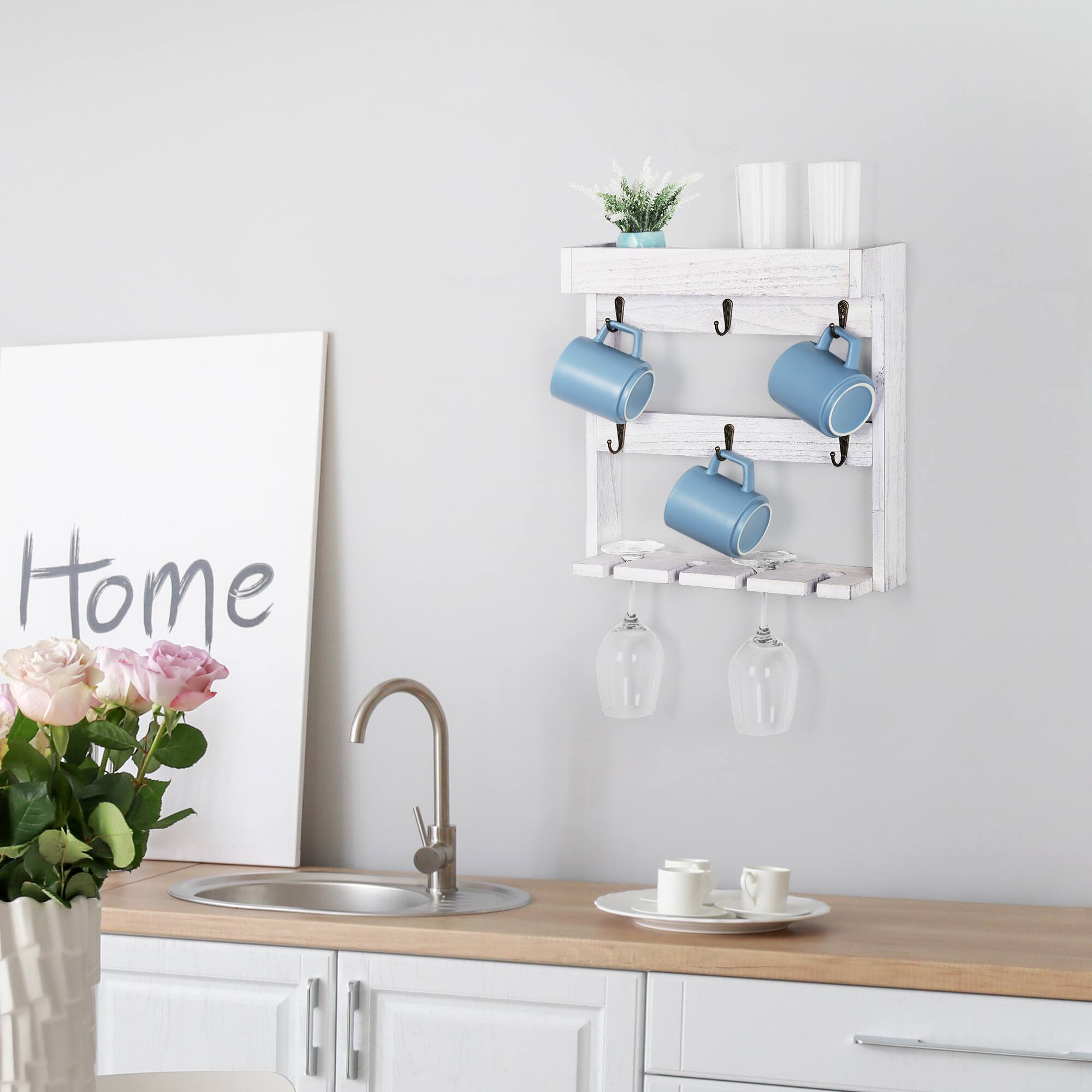 Alt View 1. Oumilen - White Distressed Wood Wall Mug Rack with Wine Glass Holder – Coffee Cup Organizer for Kitchen - White.