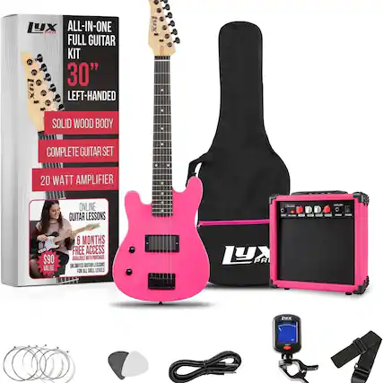 LYX PRO ALL-IN-ONE FULL GUITAR KIT 30" LEFT-HANDED - SOLID WOOD BODY COMPLETE GUITAR SET 20 WATT AMPLIFIER + ONLINE GUITAR LESSONS 6 MONTHS FREE ACCESS AVAILABLE WITH PURCHASE UNLIMITED GUITAR LESSONS FOR ALL SKILL LEVELS