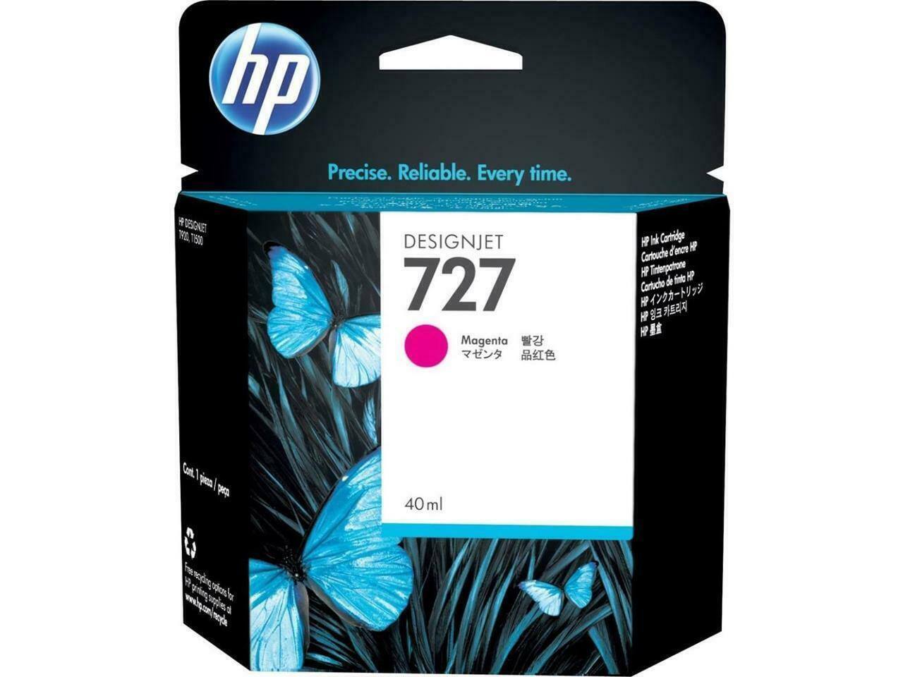 hp Precise. Reliable. Every time.  
DESIGNJET 727  
Magenta  
40 ml  

HP Ink Cartridge  
HP Cartouche d'encre  
HP Tintpatrone  
HP Cortucho de tinta  
HP インクカートリッジ  
HP 墨盒  

HP DESIGNJET 7800 7I600  

www.pan/noyda