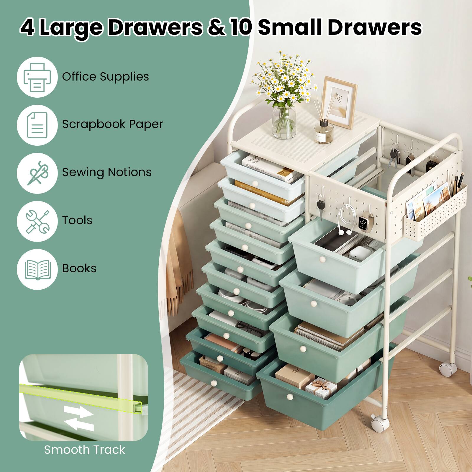 4 Large Drawers & 10 Small Drawers

- Office Supplies
- Scrapbook Paper
- Sewing Notions
- Tools
- Books

Smooth Track