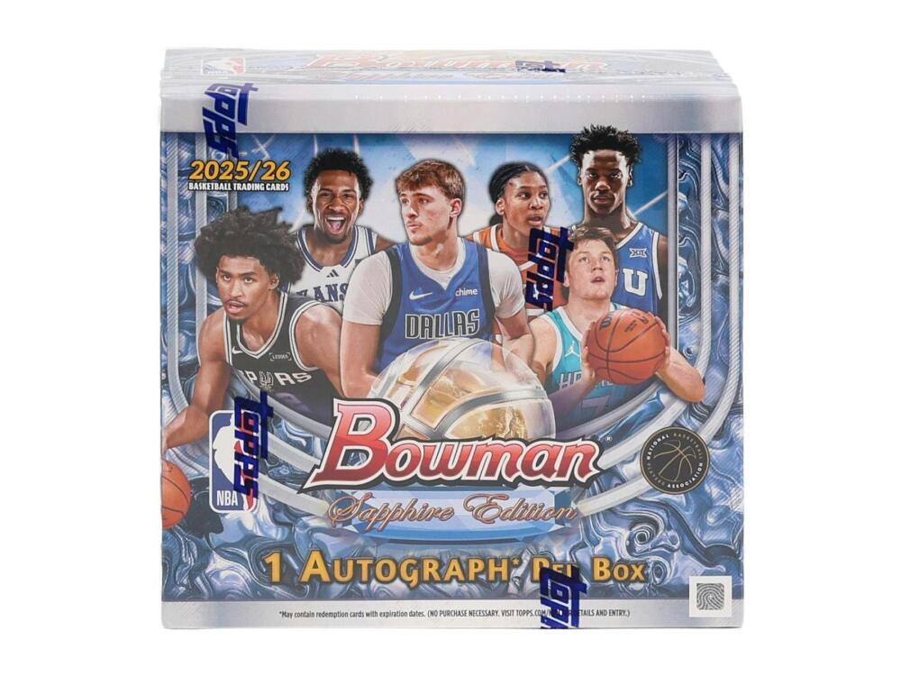 APPS 2025/26 BASKETBALL TRADING CARDS  
XII ANS chime topps U DALLAS AS LOPPS Bowman NATIONAL NBA Sapphire Edition 1 AUTOGRAPH PEL Box  
"May contain redemption cards with expiration dates. (NO PURCHASE NECESSARY. VISIT TOPPS.COM/N TAILS AND ENTRY.)"
