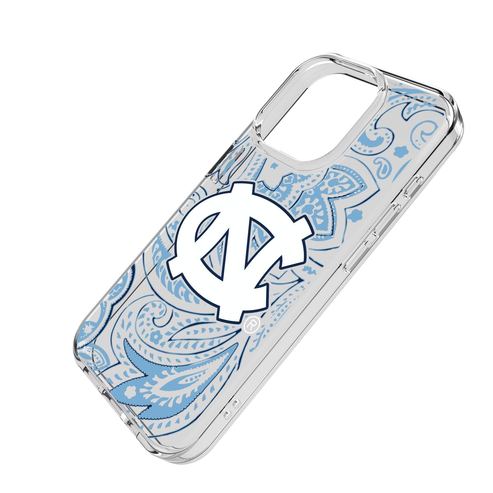 Alt View 1. Keyscaper - North Carolina Tar Heels Paisley iPhone Clear Case - 15 Plus - Multicolor.
