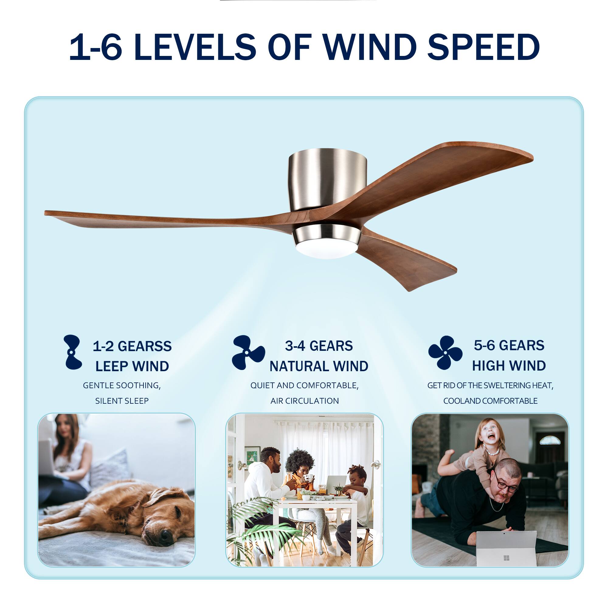 1-6 Levels of Wind Speed

1-2 Gears: Sleep Wind  
Gentle Soothing, Silent Sleep

3-4 Gears: Natural Wind  
Quiet and Comfortable, Air Circulation

5-6 Gears: High Wind  
Get Rid of the Sweltering Heat, Cool and Comfortable