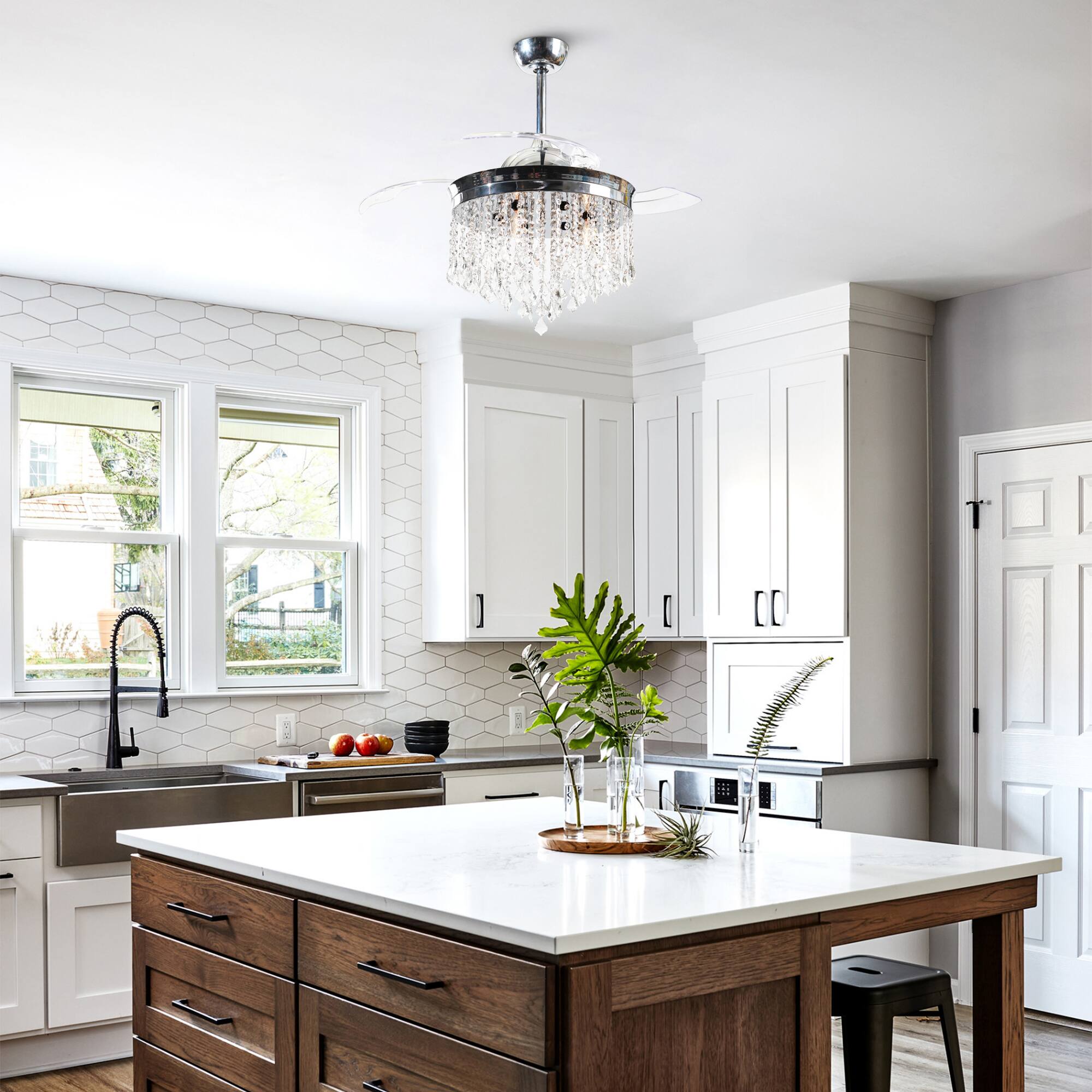 Angle. Parrot Uncle - 42" Modern Chrome Crystal Ceiling Fan Chandelier with Remote - Chrome.