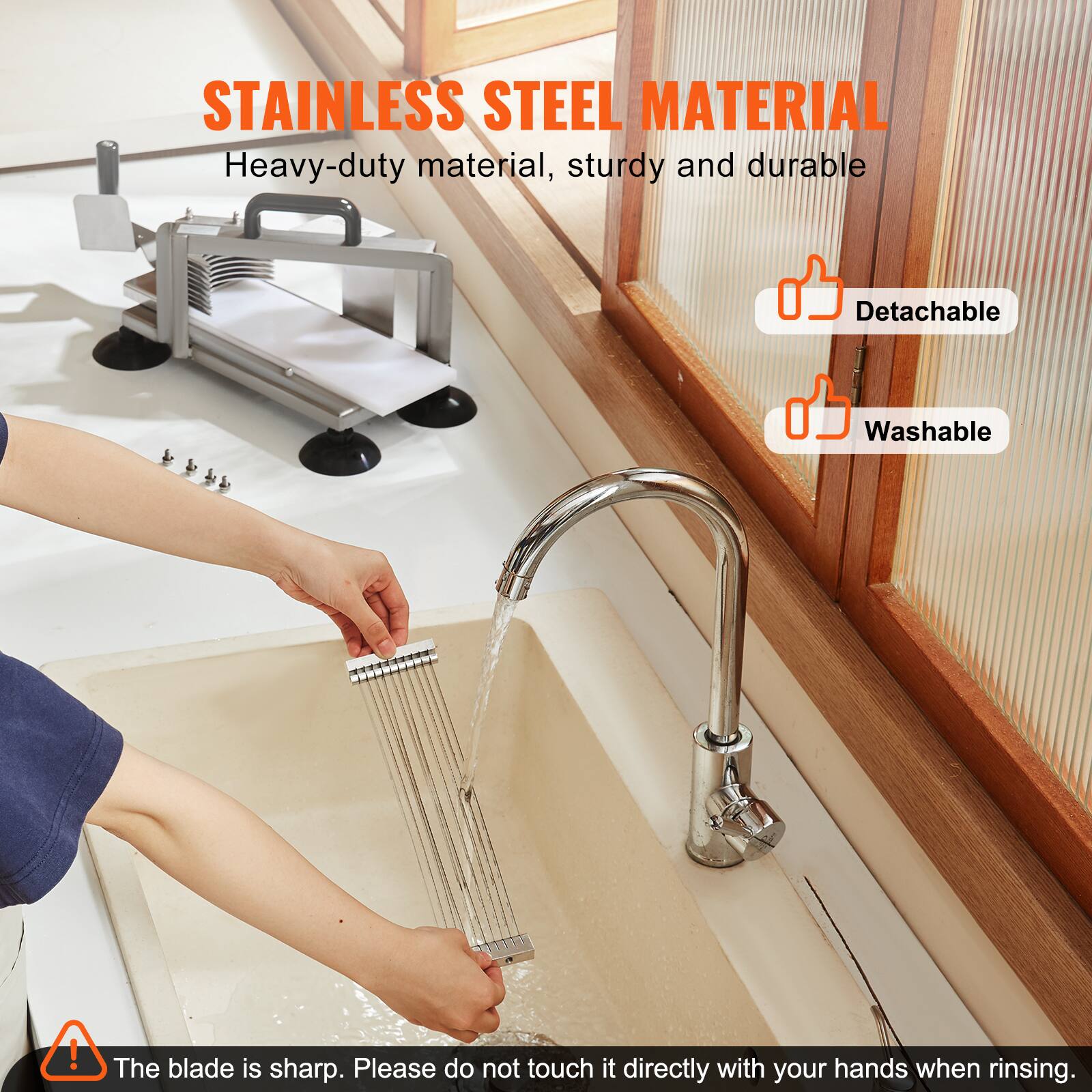 STAINLESS STEEL MATERIAL  
Heavy-duty material, sturdy and durable  

- Detachable  
- Washable  

The blade is sharp. Please do not touch it directly with your hands when rinsing.