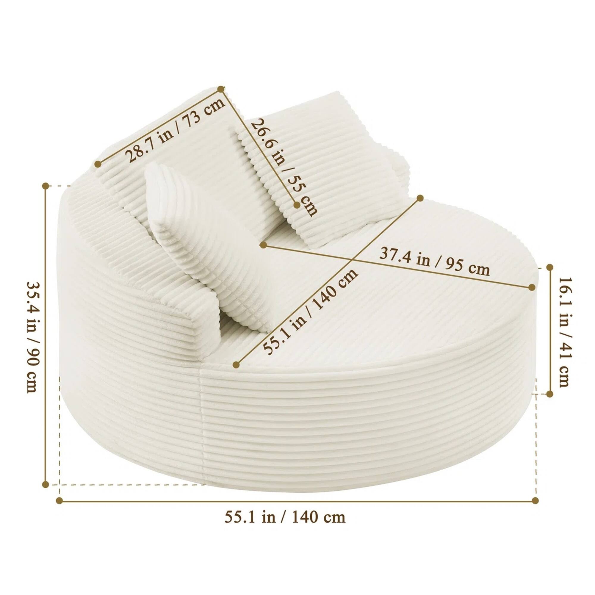 - 28.7 in / 73 cm
- 26.6 in / 67.5 cm
- 35.4 in / 90 cm
- 37.4 in / 95 cm
- 55.1 in / 140 cm
- 16.1 in / 41 cm