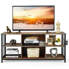 Pefilos - Mid-Century Wooden TV with Storage Basket for TVs up 65 Inch-Rustic Modern Living Room Bedroom TV Stand - Brown