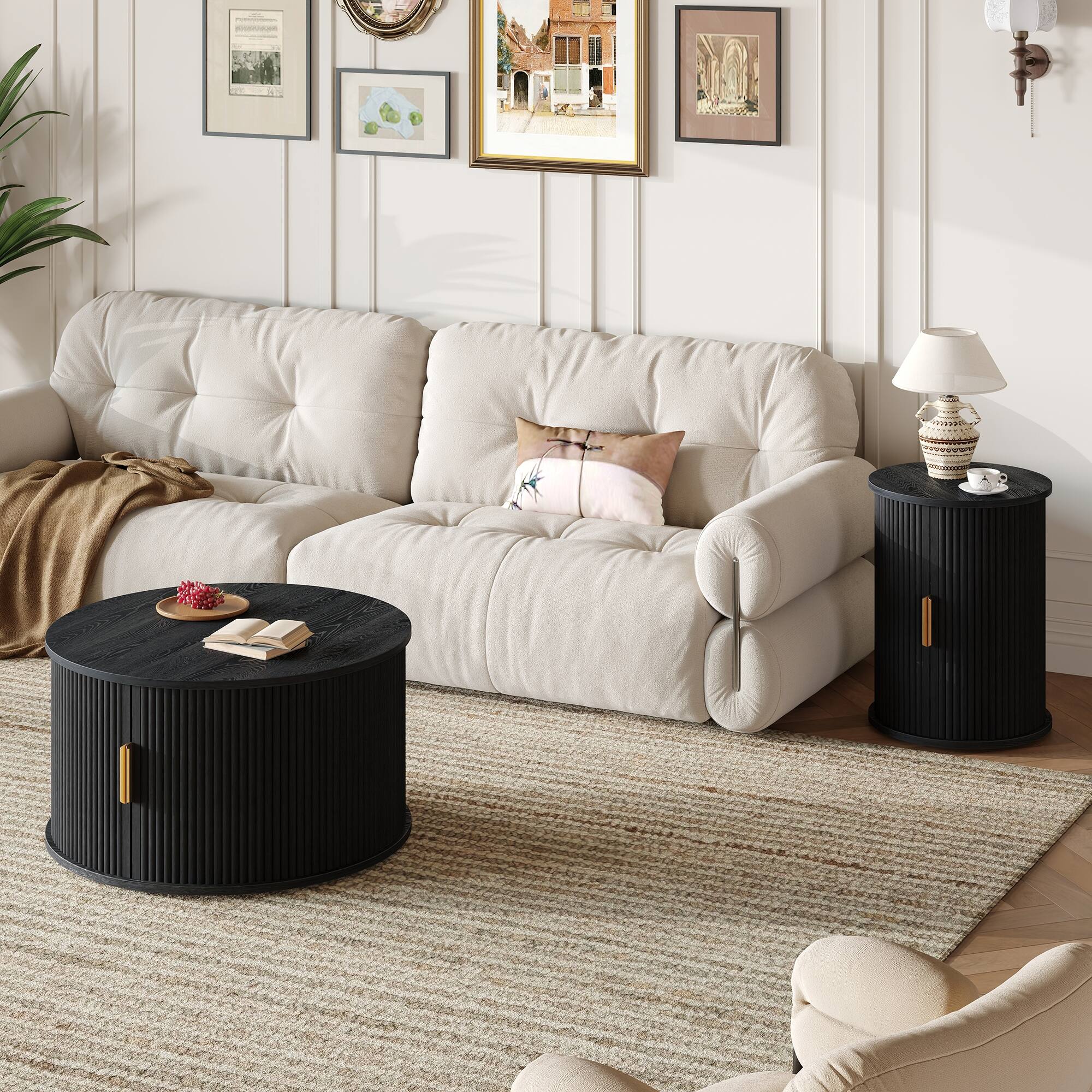 Angle. Tiramisubest - Mid-Century Coffee & Side Table Set of 2 with Tambour Door,Fluted Design,Golden Handle Tall & Low Side Table,Black - Black.