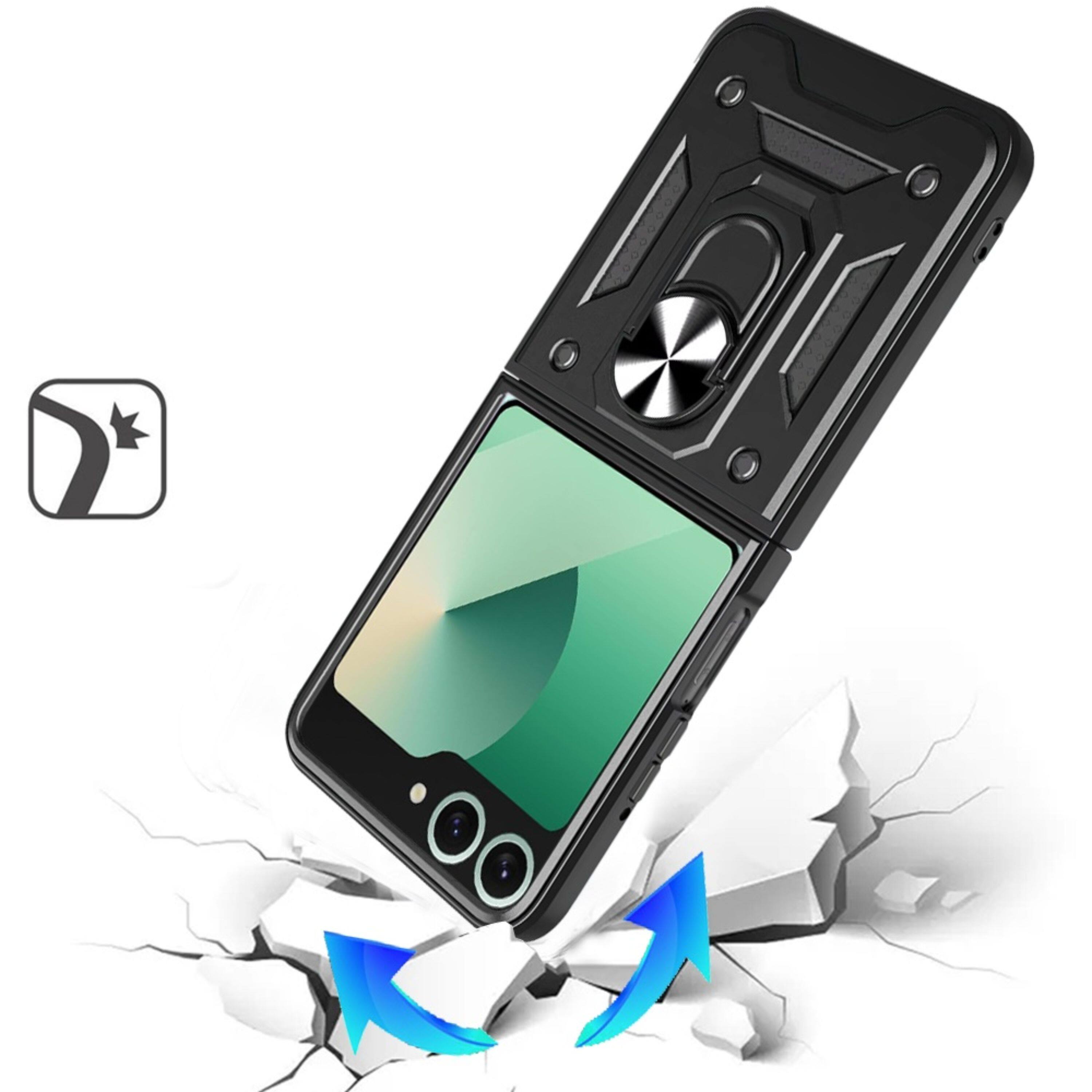 Angle. Kitcheniva - Camera Lens Shield Case With Magnetic Ring Stand & Tempered Glass For Samsung Galaxy Z Flip 7 Black - Black.