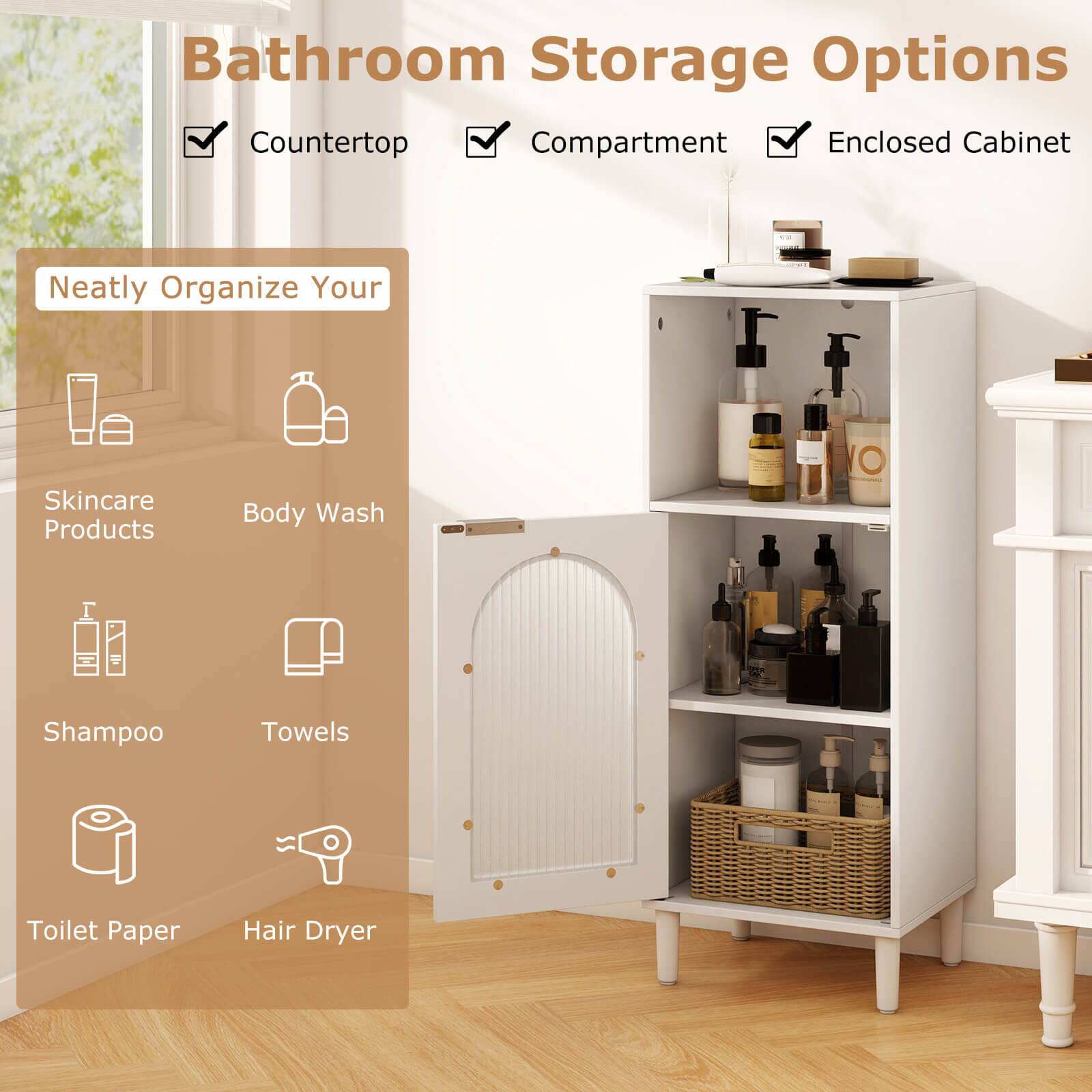Bathroom Storage Options

- Countertop
- Compartment
- Enclosed Cabinet

Neatly Organize Your

- Skincare Products
- Body Wash
- Shampoo
- Towels
- Toilet Paper
- Hair Dryer