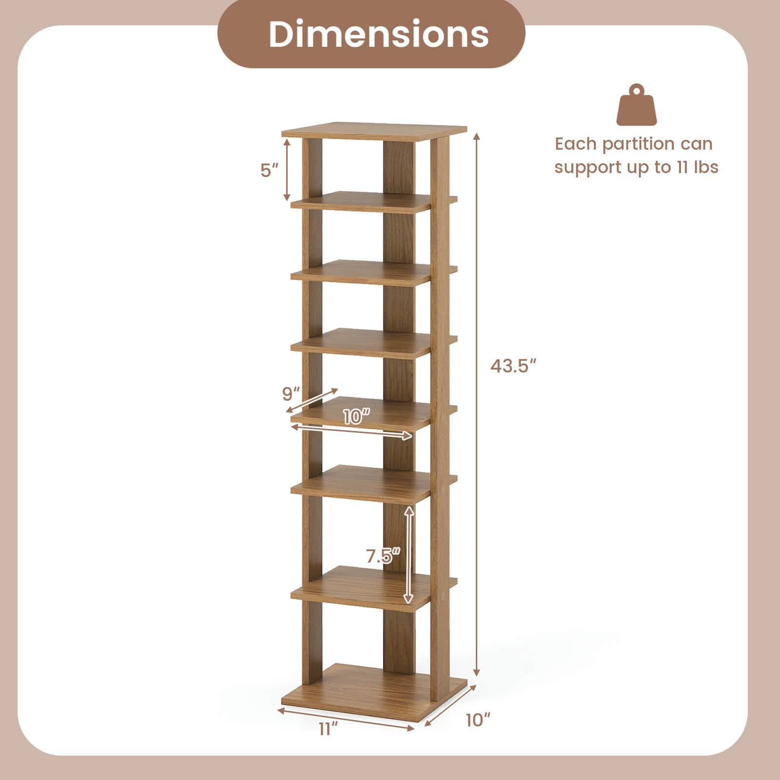 Dimensions:  
- Height: 43.5"  
- Width: 10"  
- Depth: 11"  
- Shelf depth: 9"  
- Shelf height: 5", 7.5", 9", 10"  

Each partition can support up to 11 lbs.