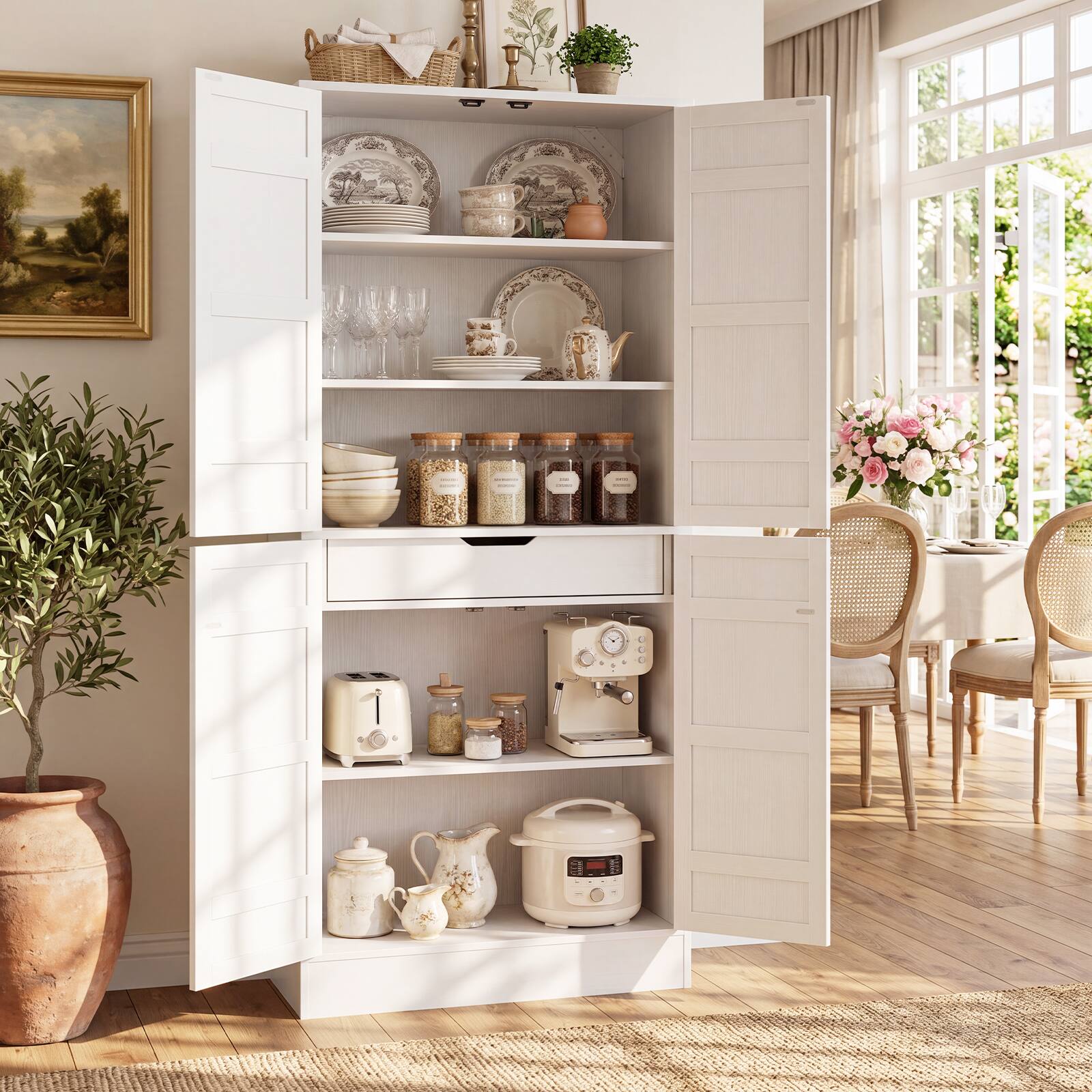 Left. Aheaplus - 70'' Tall Kitchen Pantry Cabinet with Drawer and Adjustable Shelves, 4 Barn Door Pantry for Dining, Kitchen - White.