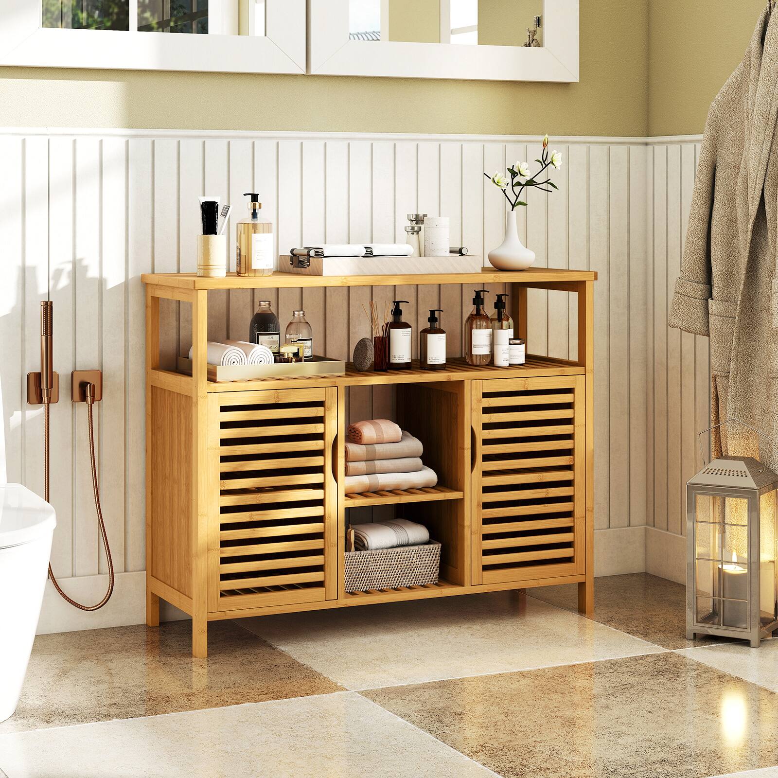 Alt View 1. Gymax - Gymax Bamboo Bathroom Cabinet 2-Door Storage Organizer w/ Shelves for Living Room - Natural.