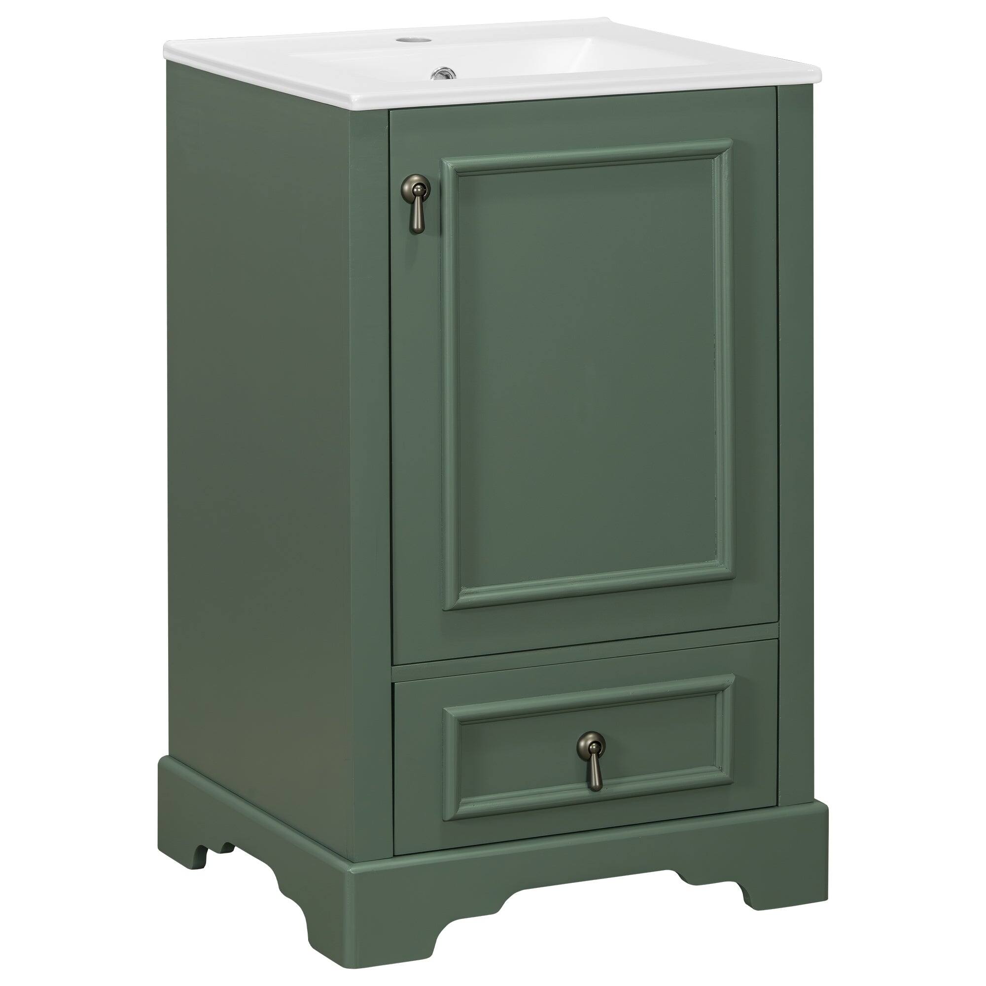 Angle. Boyel Living - 20 Inch Green Bathroom Vanity with Ceramic Sink, Adjustable Shelf, Compartment Drawer, Door Storage Rack - Green.