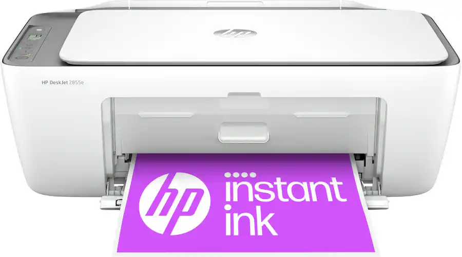 The text on the image reads: "HP DeskJet 2855e instant hp ink."