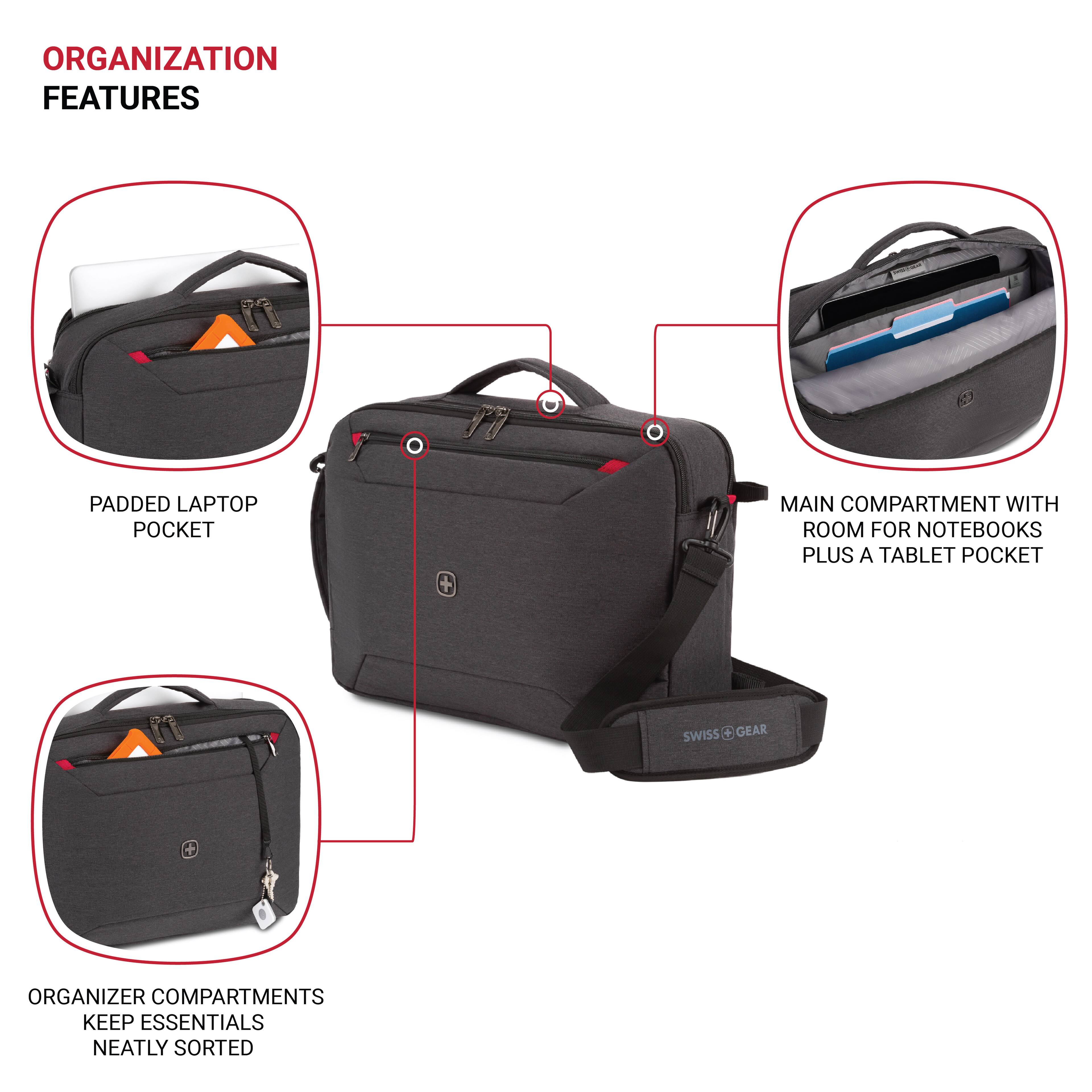 ORGANIZATION FEATURES: Padded laptop pocket + main compartment with room for notebooks + a tablet pocket. Swiss + gear organizer compartments. Keep essentials neatly sorted.