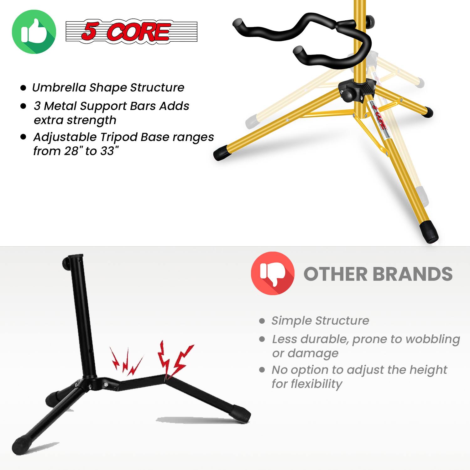 5 CORE
- Umbrella Shape Structure
- 3 Metal Support Bars Adds extra strength
- Adjustable Tripod Base ranges from 28" to 33"

OTHER BRANDS
- Simple Structure
- Less durable, prone to wobbling or damage
- No option to adjust the height for flexibility