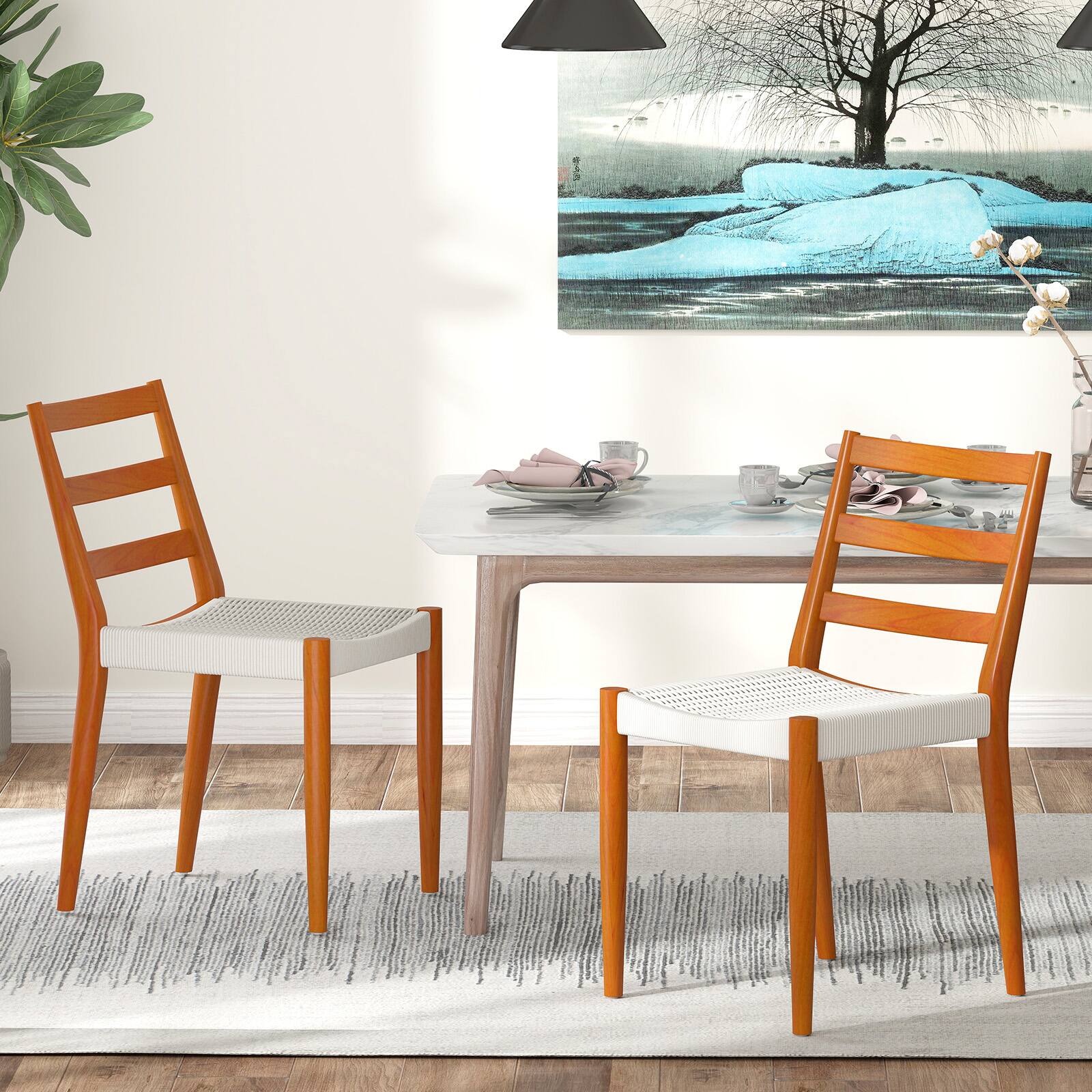 Alt View 1. Bestier - Dining Chairs with Curved Wooden Backrest, Woven Rope Seat and Solid Wood Tapered Legs - wooden.