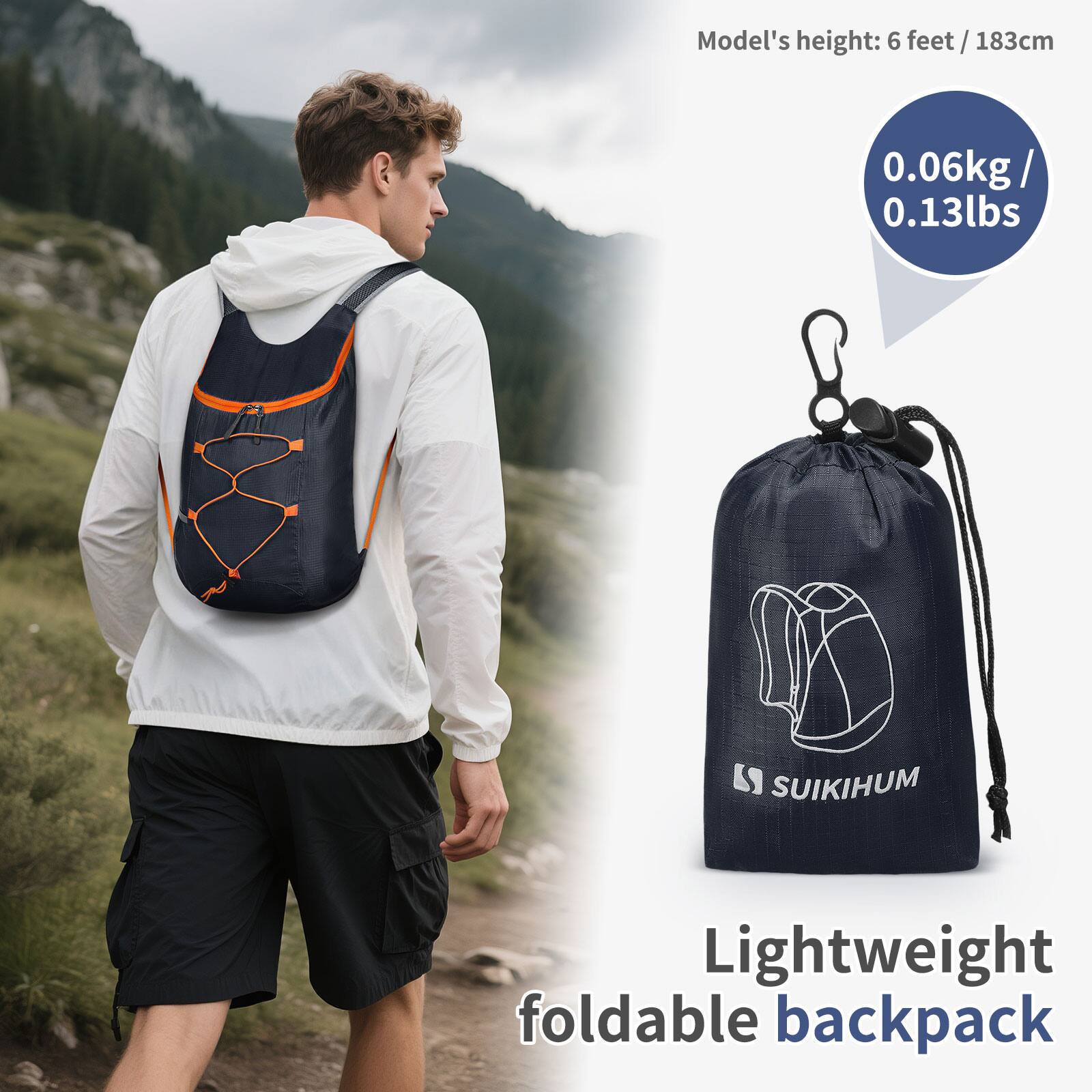 Model's height: 6 feet / 183cm

0.06kg / 0.13lbs

SUIKIHUM Lightweight foldable backpack