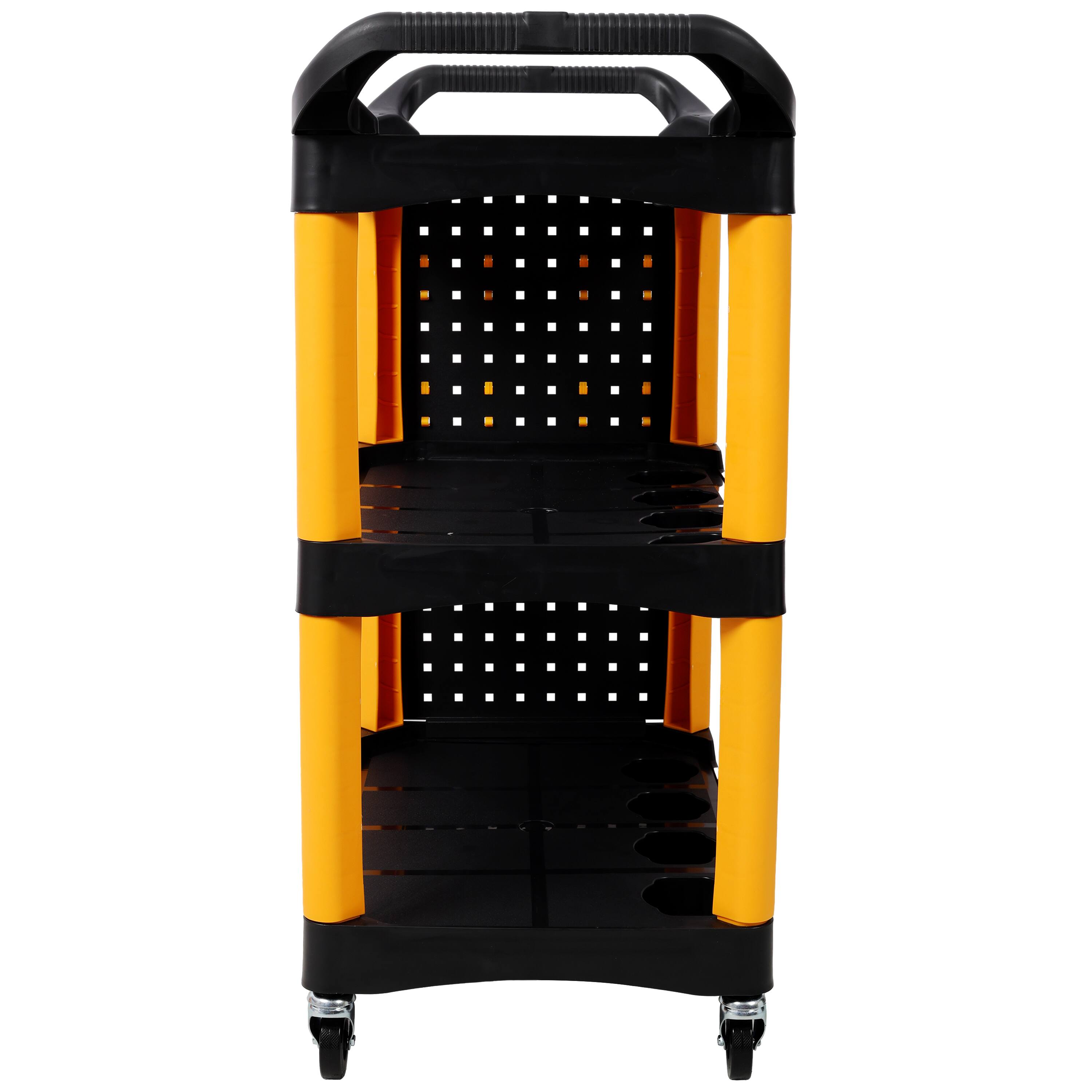 Back. ELEMENT ACE - 3-Tier Rolling Auto Detailing Cart with Wheels, Panel & Hooks - Garage, Workshop, Repair Shop Tool Storage - Yellow+Black.