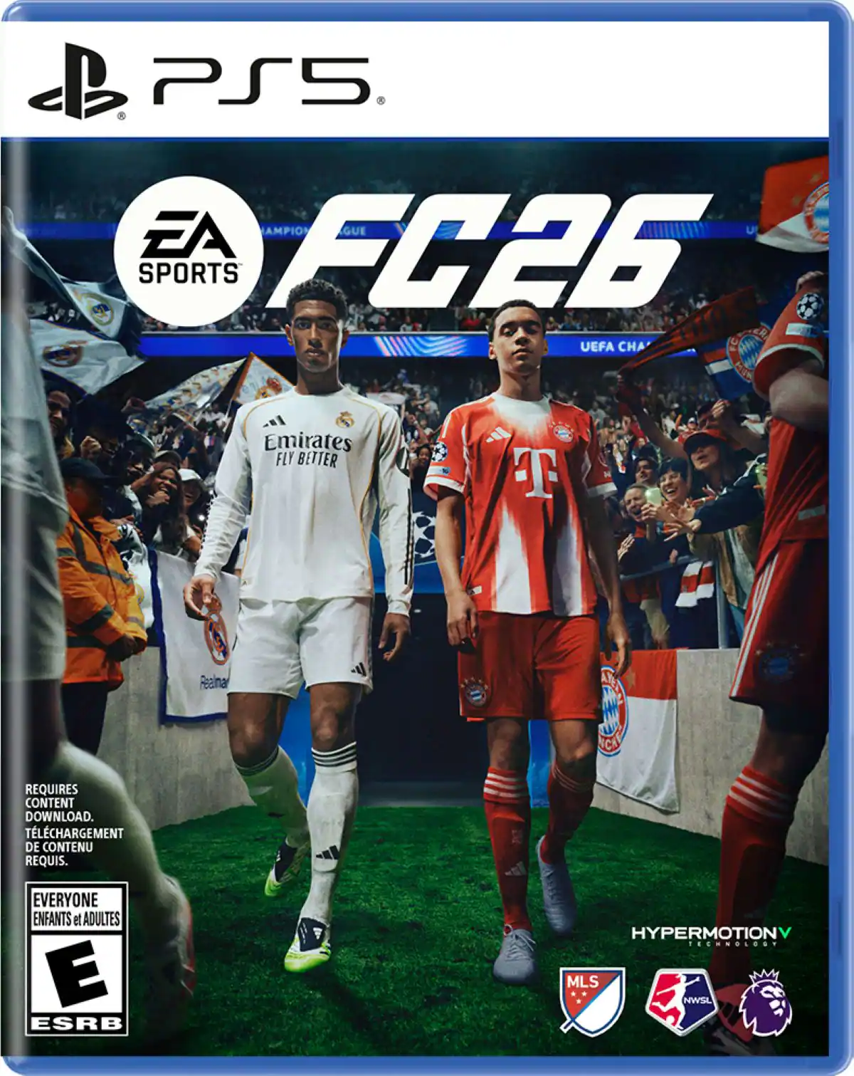 Sure, here is the corrected and grouped text from the image:
---
**PS5**
**EA SPORTS**
**FIFA 26**
**UEFA CHAMPIONS LEAGUE**
**Emirates FLY BETTER**
**REQUIRES CONTENT DOWNLOAD.**
**TELECHARGEMENT DE CONTENU REQUIS.**
**EVERYONE ENFANTS et ADULTES**
**E ESRB**
**HYPERMOTION TECHNOLOGY**
**MLS**
**NWSL**
---
This text is organized as it appears on the cover of the game. - E (Everyone)