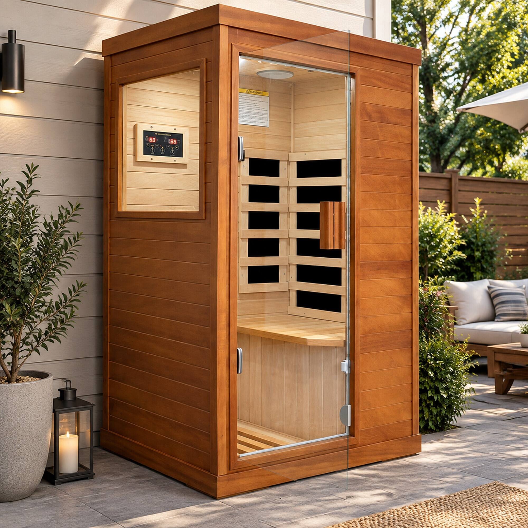 Left. RYHNUYNE - Infrared Sauna Room, Single Person, 700 x 895 x 1565 mm, Okoume Wood, 800W, 5 Heating Plates, Bluetooth, LED Light - Natural.