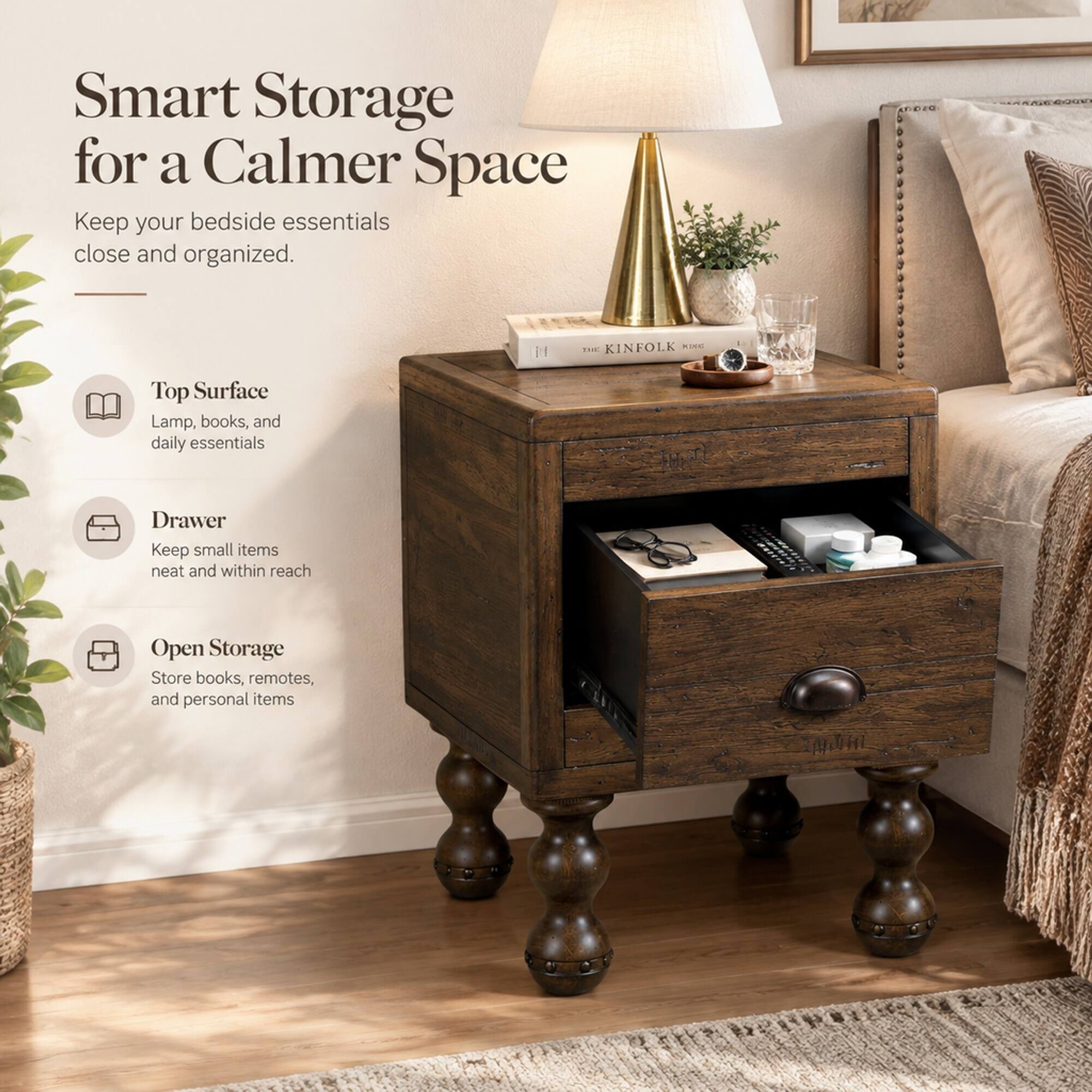 RYHNUYNE Solid Wood End Table, 23.6 in Narrow Side Table, Storage ...