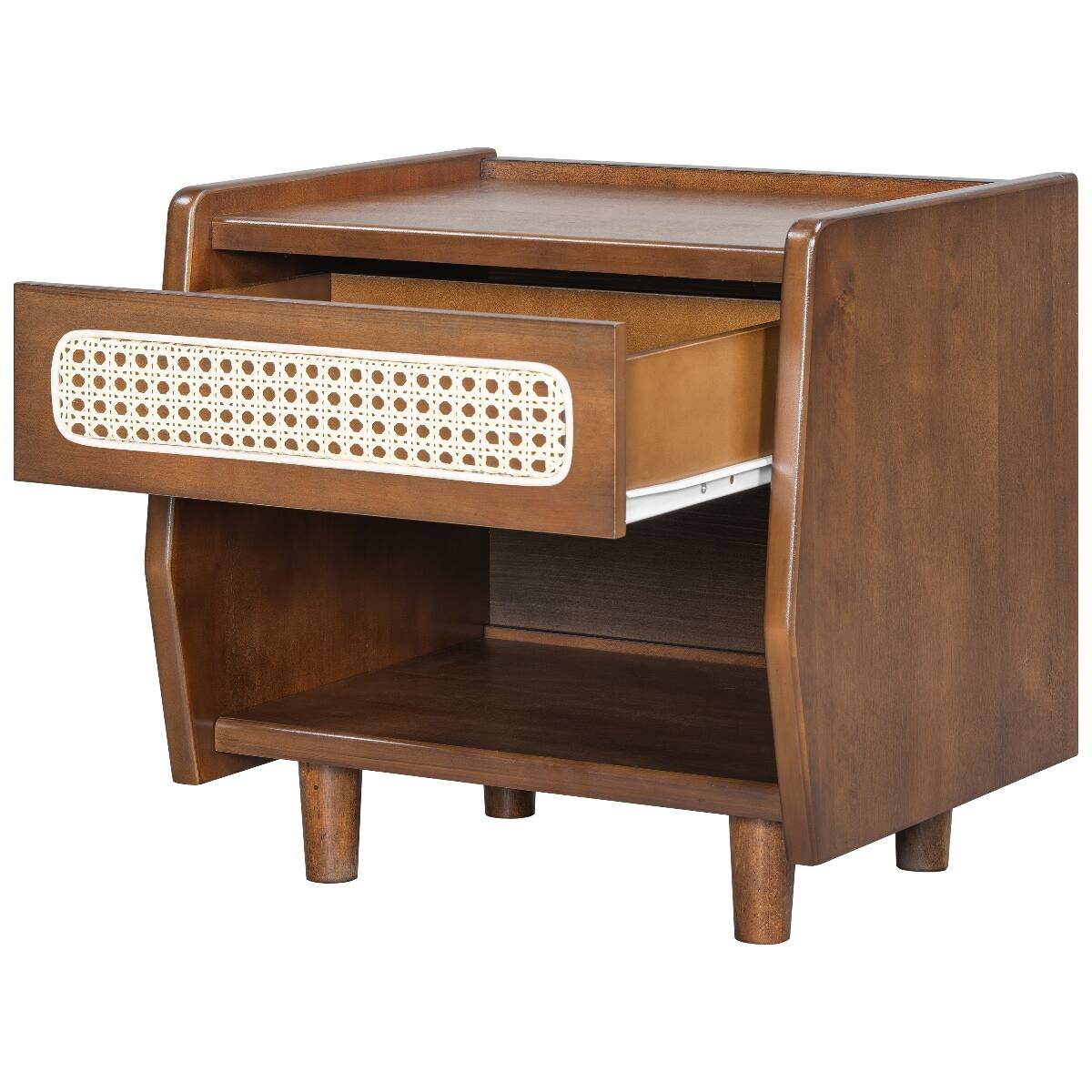 Alt View 4. Loheer - Loheer Walnut Nightstand with Rattan Detail, Open Shelf and Drawer, Modern Bedroom Storage - Walnut.